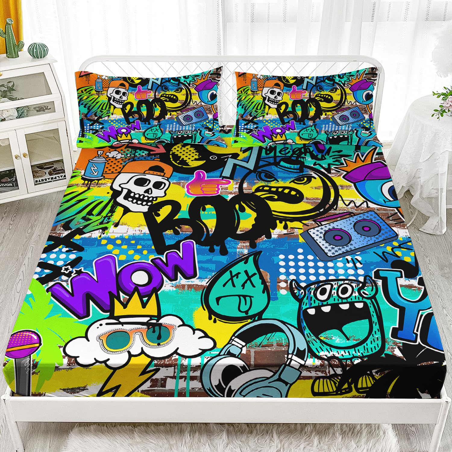 AILONEN Cartoon Skull Fitted Sheet Set Queen Size, Graffiti Theme Spray Paint Ink Textured Silhouette Skull Sheet Set,Hip-Hop Bed Sheet Set for Boys Girls 3 Pieces, 1 Fitted Sheet and 2 Pillowcases