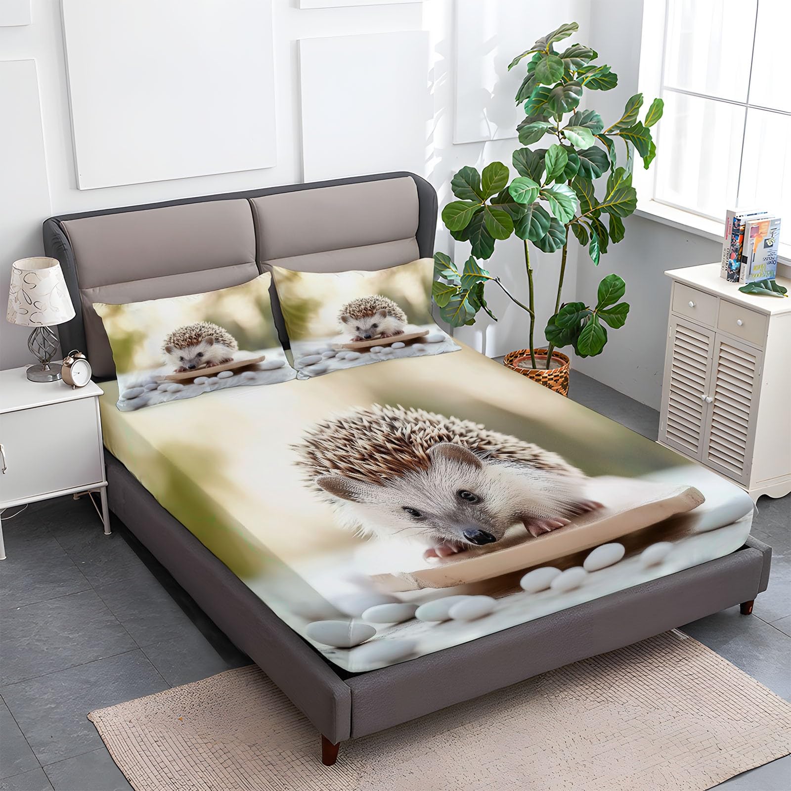 Lenzuolo con Angoli 180 x 200 cm Letto Matrimoniale Maxi - Lenzuola Sotto con Angoli in Microfibra a Motivo Riccio Carino Animale - Adatto alle Camere da Letto di Bambini, e Adulti Crema