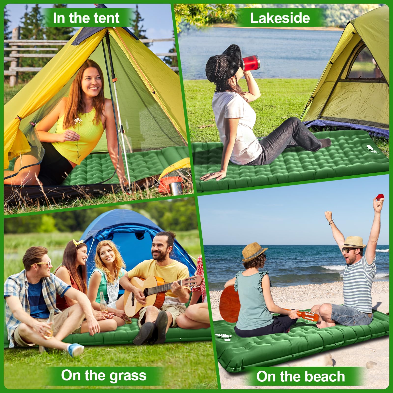 Colchón Hinchable para Camping, Colchon Ultraligera, Esterilla Camping con Bomba de Pie, Colchoneta Inflable para Viajes, Exteriores, Senderismo, Mochilero-Verde