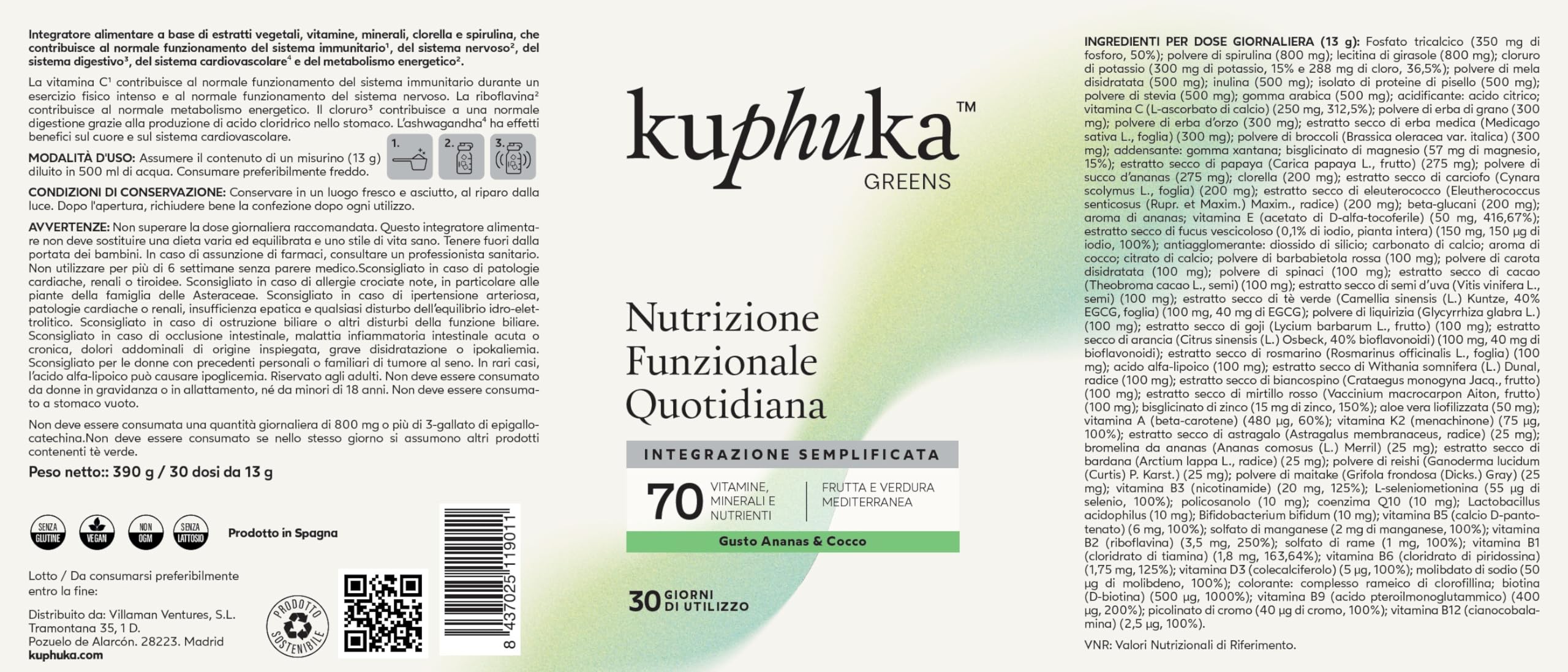 GREENS - Superfood Polvere (411g) con +70 estratti vegetali, supercibo, vitamine, minerali, probiotici, spirulina, Ashwagandha, clorella - 100% naturale (411gr, Ananas e Coco)