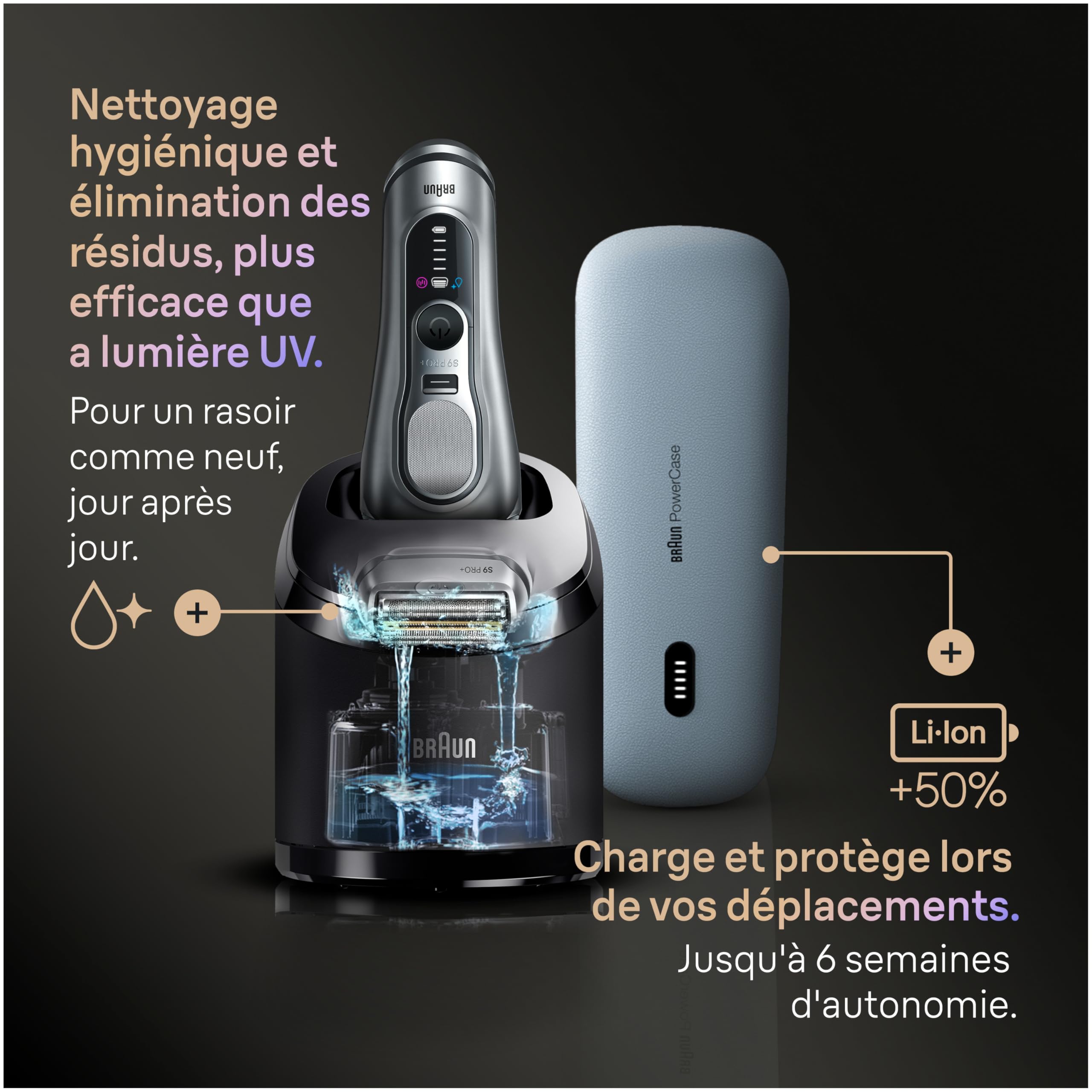 Braun Rasoir Electrique Homme Series 9+ Pro 9677CCE Argent | Etanche, Batterie Rechargeable, Lames de Précision Ultra-Fines, Tondeuse ProTrimmer, Kit avec Station de Nettoyage, Etui