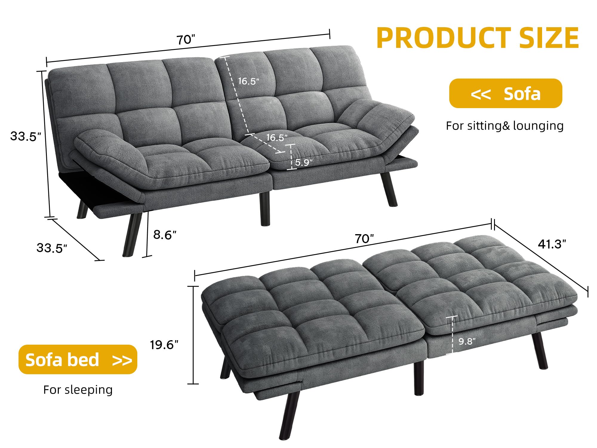 YITAHOME Convertible Futon Sofa Bed | 70" Folding Futon Set for Living Room Home Office Aprtment, Modern Futon Couch with Adjustable Backrest & Armrests, Recliner