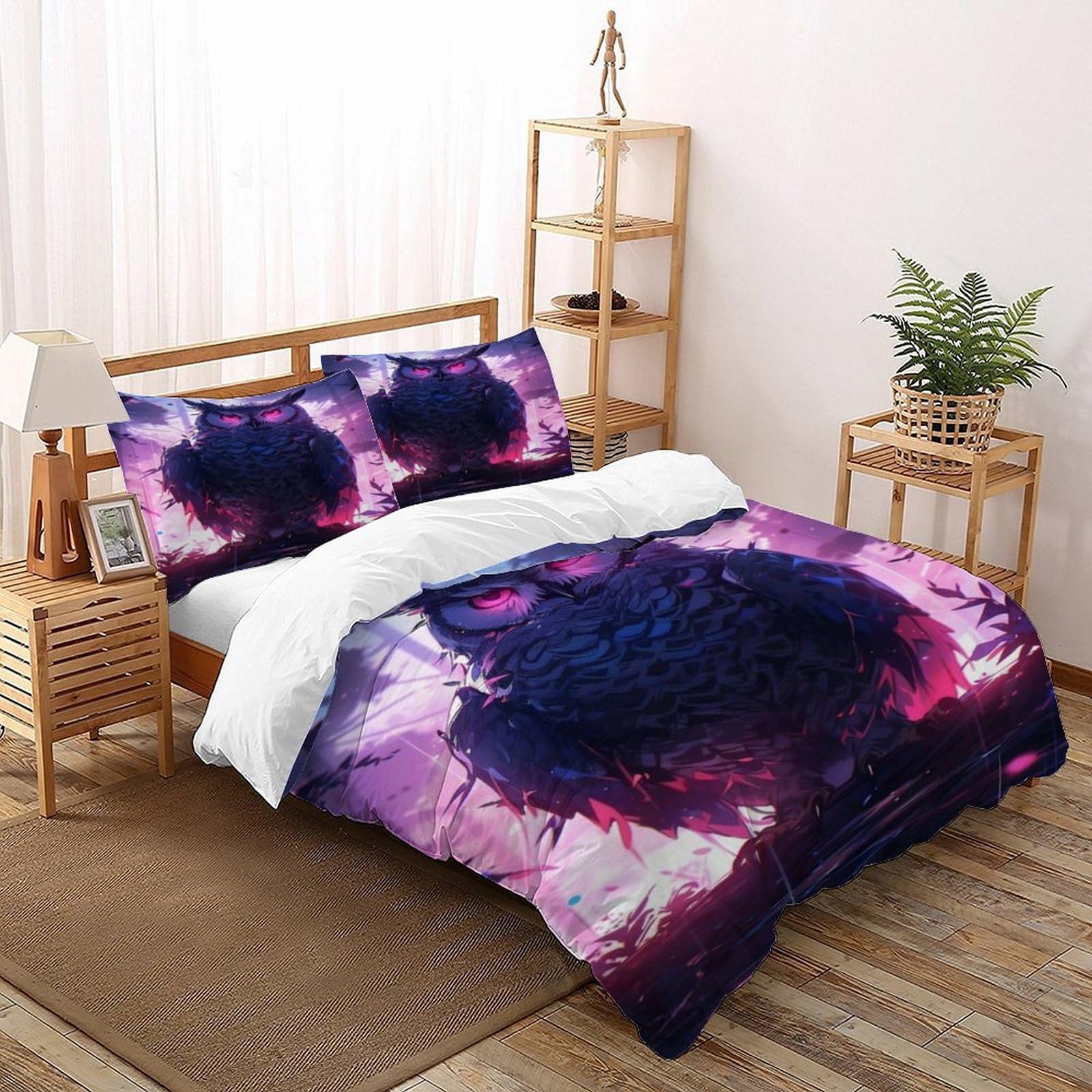 Housse de couette parure lit double 200x200cm facile à laver motif oiseaux forêt