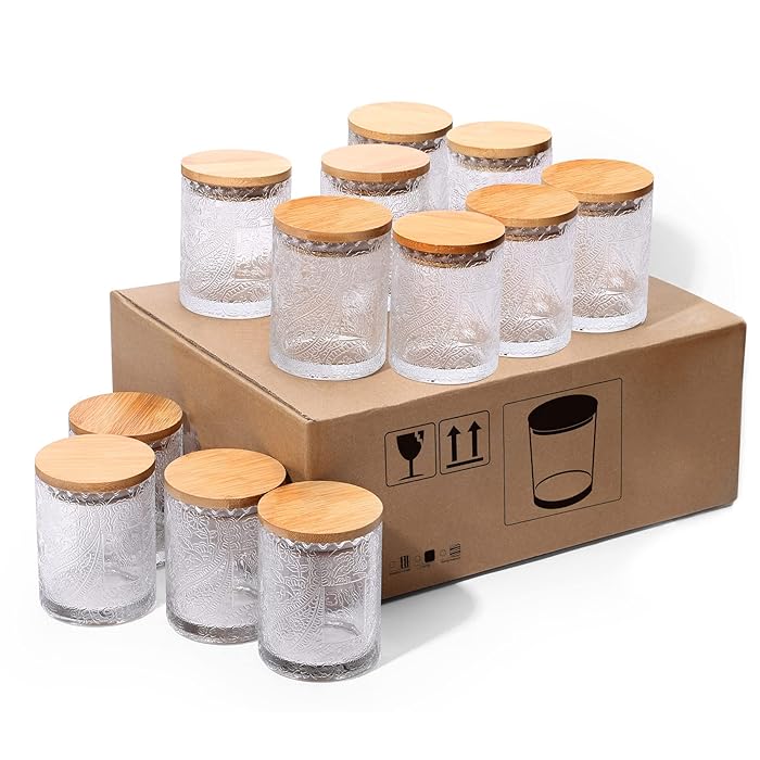 Buy 12 Pack, 10 OZ Embossed Glass Candle Jars with Airtight Bamboo Lids and Sticky Labels, Empty