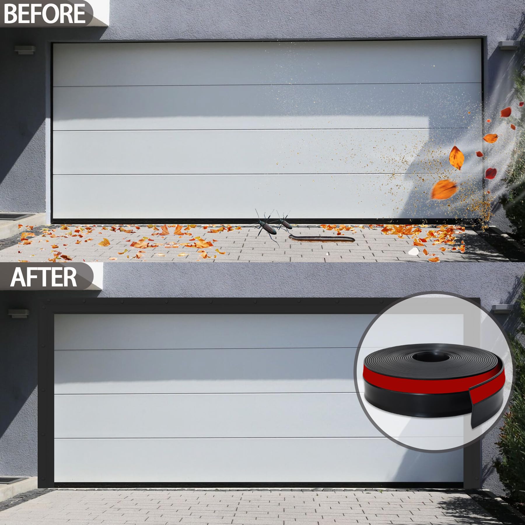 Lunghaa Bande d'étanchéité universelle pour porte de garage supérieure et latérale en TPE résistant aux intempéries – Joint de rechange autocollant avec 40 jeux de vis (10 m, noir)