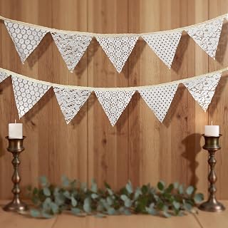 Boho Vintage White Floral Lace Pennant Bunting Banners - Beige Fabric Triangle Flags Garland for Wedding, Bridal Shower, Valentine's Day, Birthday Party Decor
