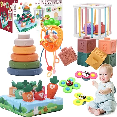 FLLOBE 32 juguetes Montessori para bebés de 0 a 6 a 12 meses de edad, juego 6 en 1 con juguetes de baño para bebés, juguetes apilables, juguetes