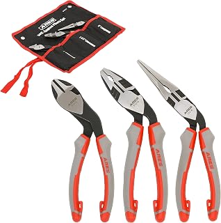 ARES 51017 – 3-Piece Angled Head Pliers Set – Diagonal Cutters, Linesman and Long Nose Pliers – Offset Angled Heads Offer Increased Access and Leverage – Includes Storage Roll Pouch