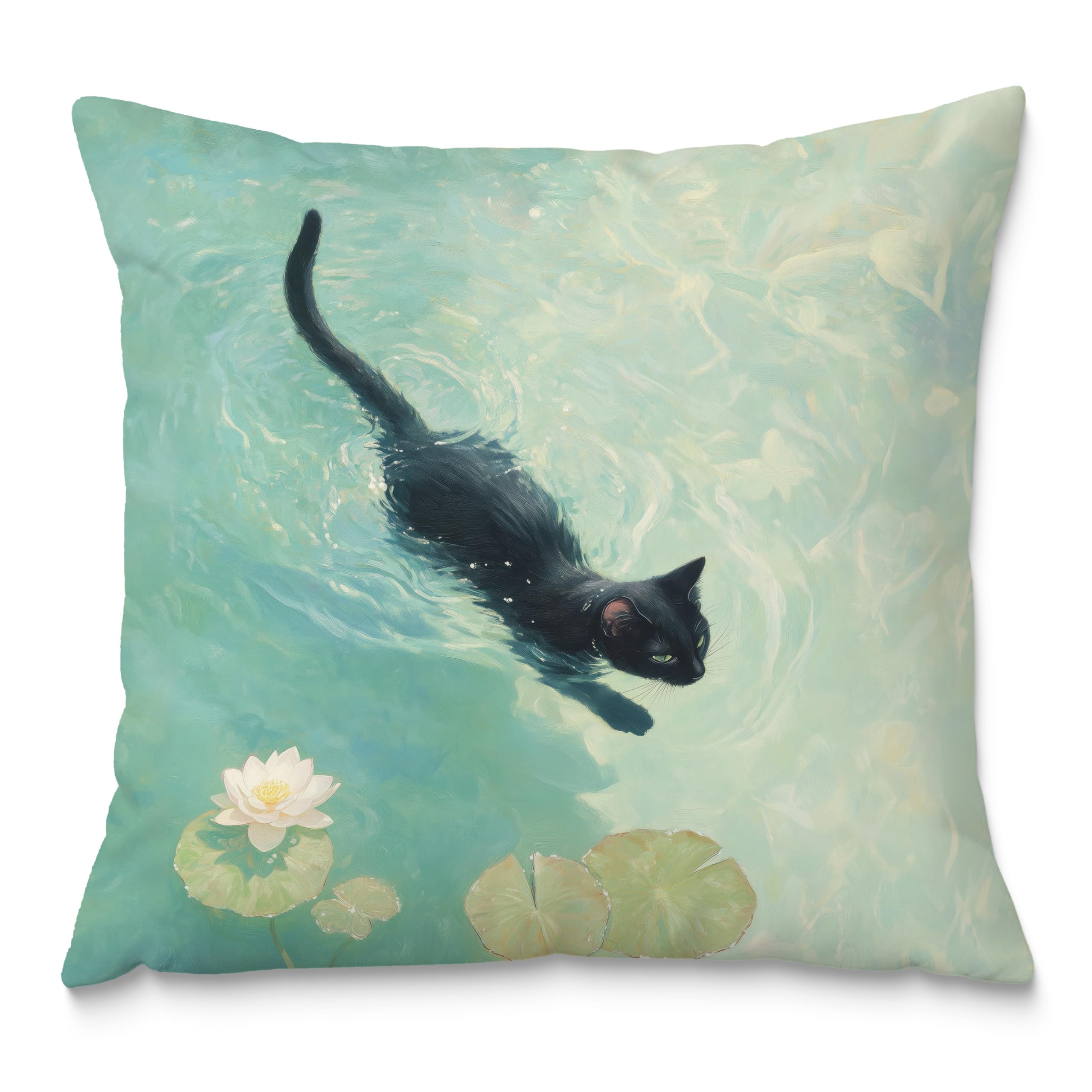 Fuasei Black Cat Art Painting Throw Pillow Covers 18x18, Aesthetic Cats Decor Pillow Covers for Room Bedroom, Elegant Swimming, Black Cat Decor, Cats
