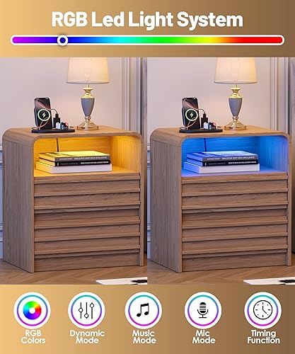 Miniatura 5 de Fluted Nightstand with Charging Station, 19.7'' Wide Curved Bedside Table, Slatted Panel Design Mid Century Side Table, 2 Drawers & Open Top Shelf