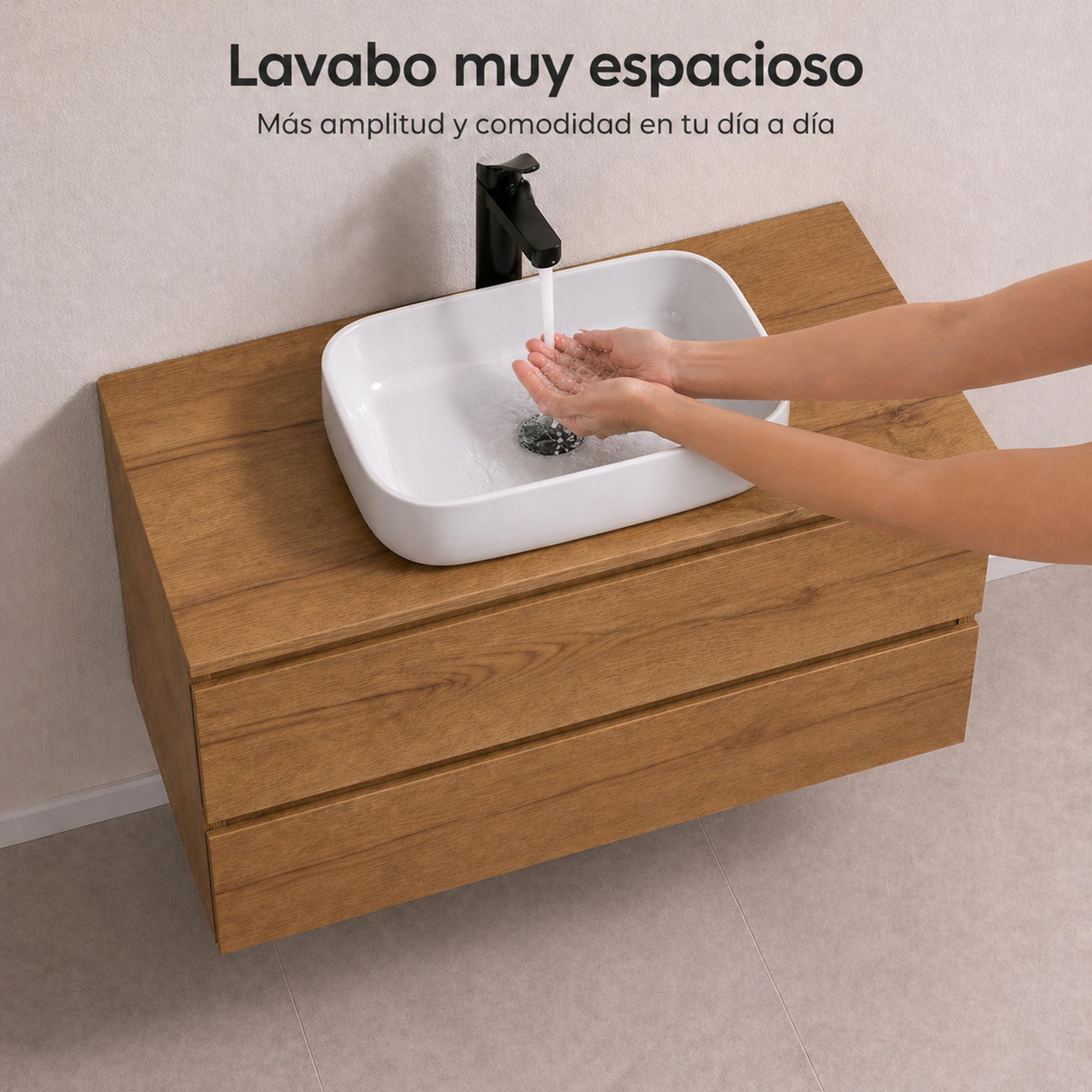 Mueble Baño con Lavabo sobre Encimera Y Espejo Mueble Suspendido De 2 Cajones con Cierre Suave Silent System Montado En Acabado Roble Gold 60 Cm Ancho 45 Cm Fondo 52 Cm Alto