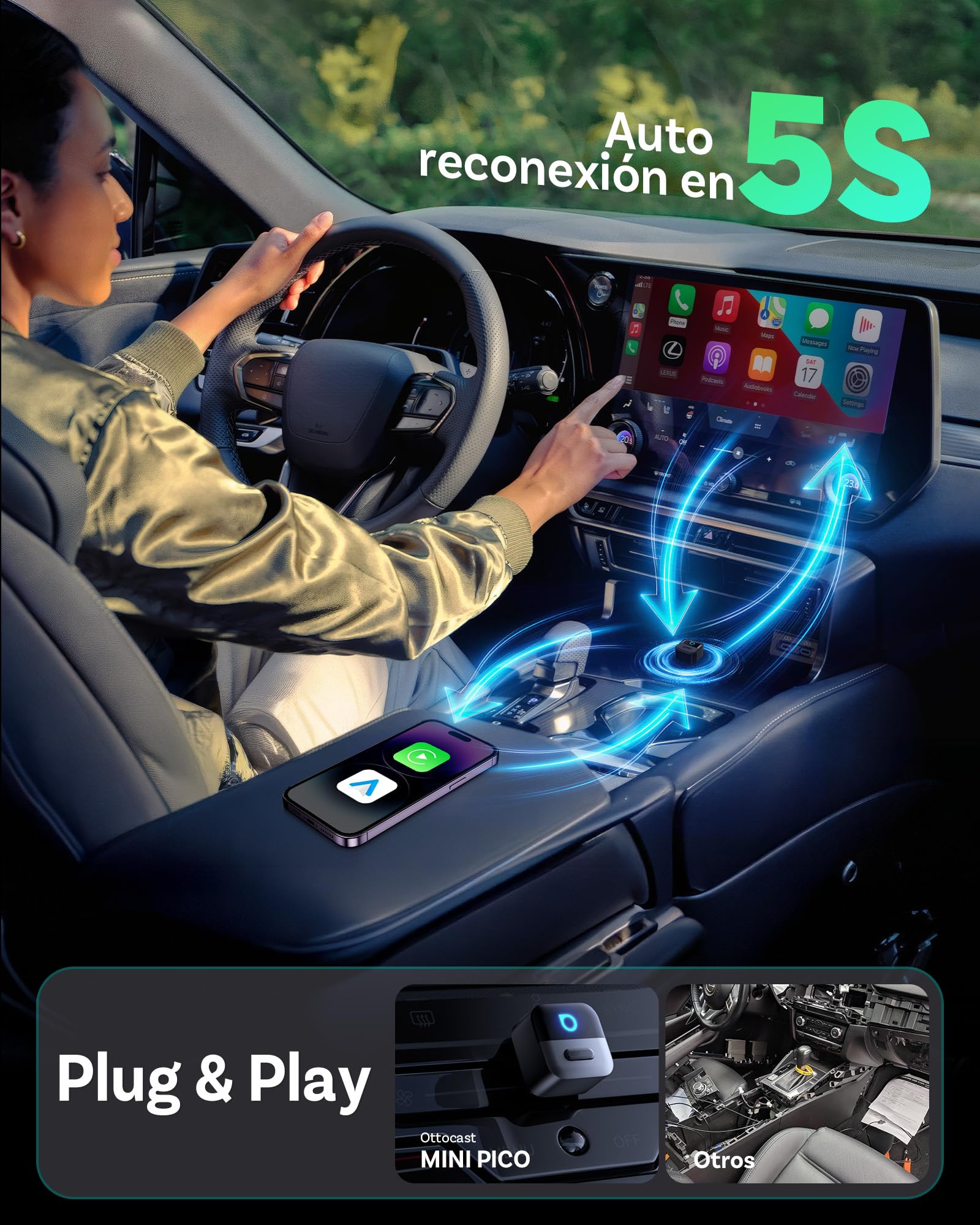 OTTOCAST Mini Pico 2026, Adaptador Inalámbrico CarPlay y Android Auto para iOS 10+/Android 11+, Botón Inteligente, Plug & Play, USB A/Tipo C, Actualización OTA, Convierte Cableadas en Inalámbricas