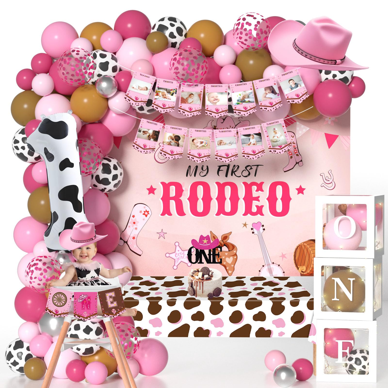 Western Cowgirl 1st Birthday Decorations with Cowgirl Balloon Arch, Number 1 Balloon, Banner, Cake Toppers, Backdrop, Highchair, Box, Tablecloth My