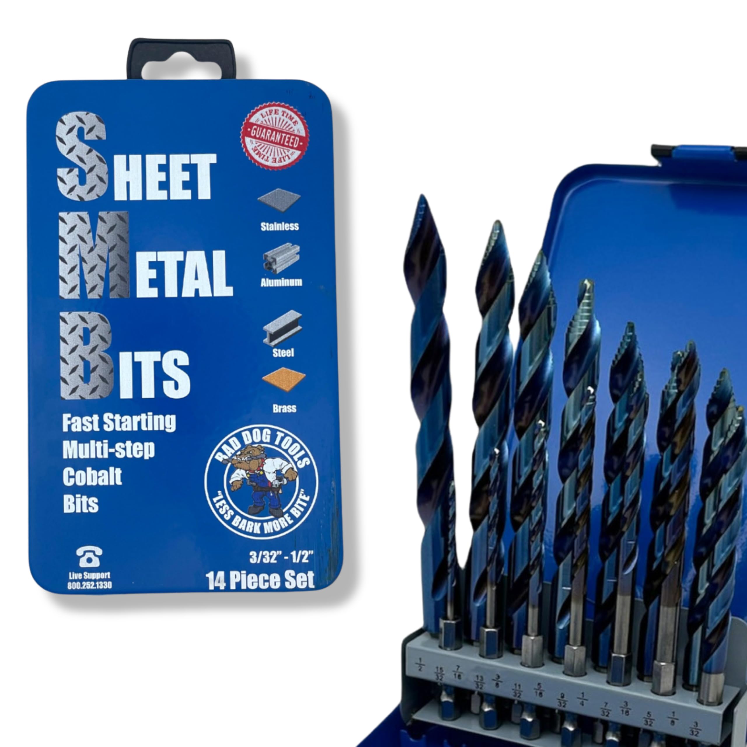Bad Dog 14 Piece Sheet Metal Drill Bit Set Unique Multistep Hardened Cobalt Tip & Armor Steel Hex Shank. Made in The USA. Drill Through Nearly Everything! Hardened Steel, Masonry, Wood, Tile & More.