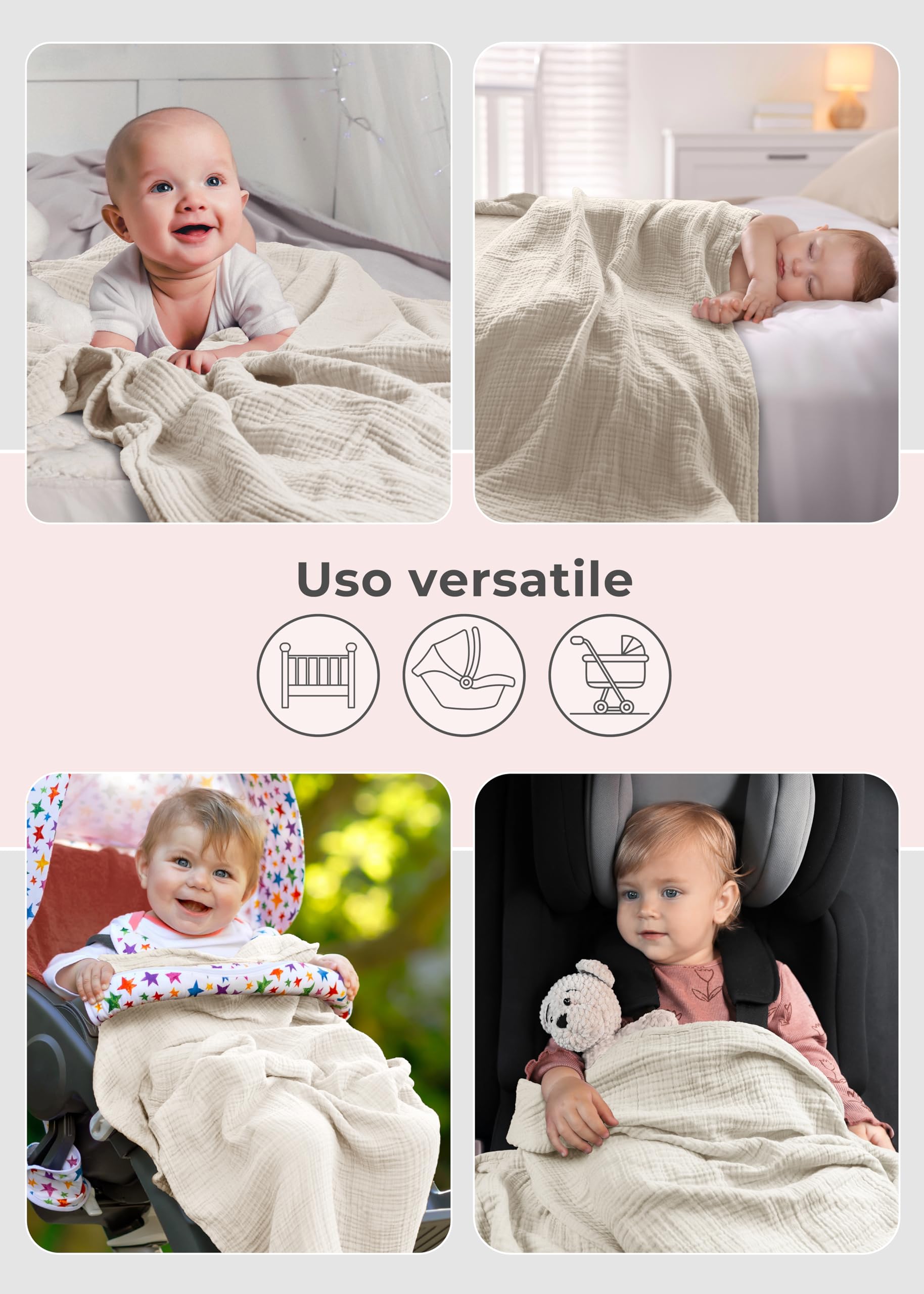 LAYNENBURG Copertina in mussola per neonati 120 x 120 cm – Copertina a 4 strati in 100% cotone – morbida copertina o per dormire, per fasciare, per neonati e bambini piccoli (crema)