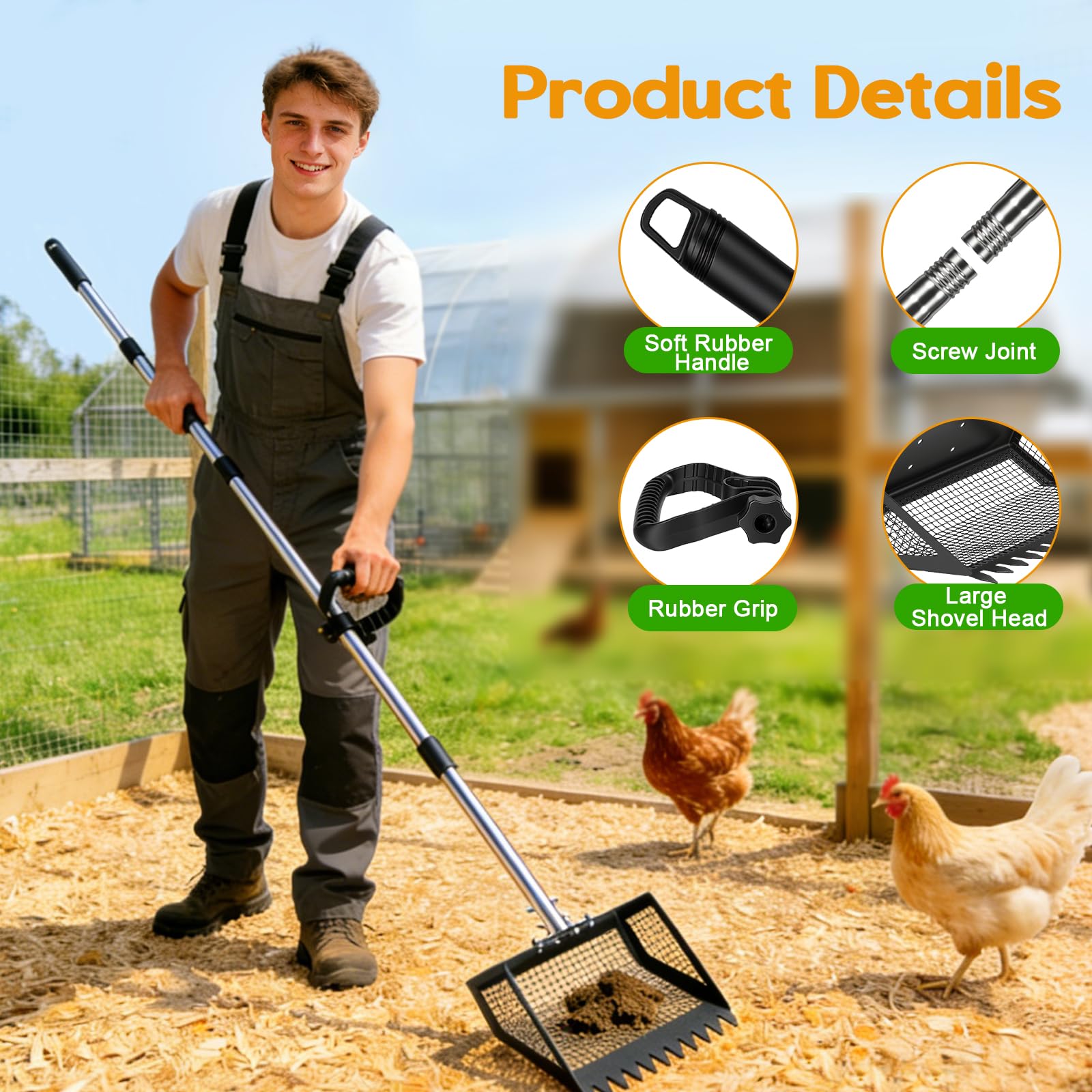 Pala per escrementi di pollo da 25,5 cm, con manico ergonomico, accessorio regolabile in acciaio inox per pollaio, pala multiuso estensibile per proprietari di pollame e gatti, regolabile 102-182 cm