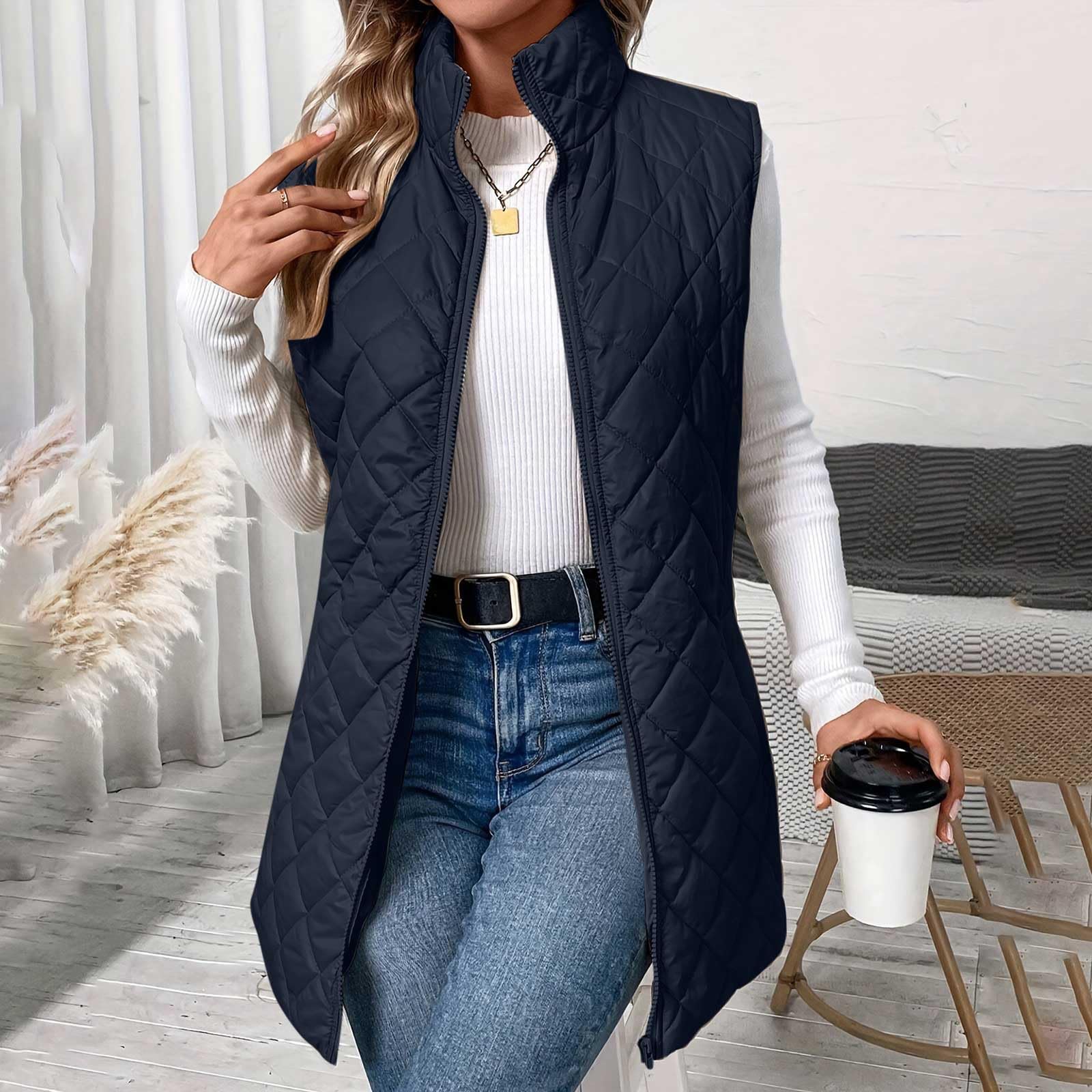 OVARA Gilet trapuntato da donna con colletto alla coreana, leggero, con cerniera, imbottito, termico, comodo, casual, tinta unita, gilet da donna, giacca lunga senza maniche