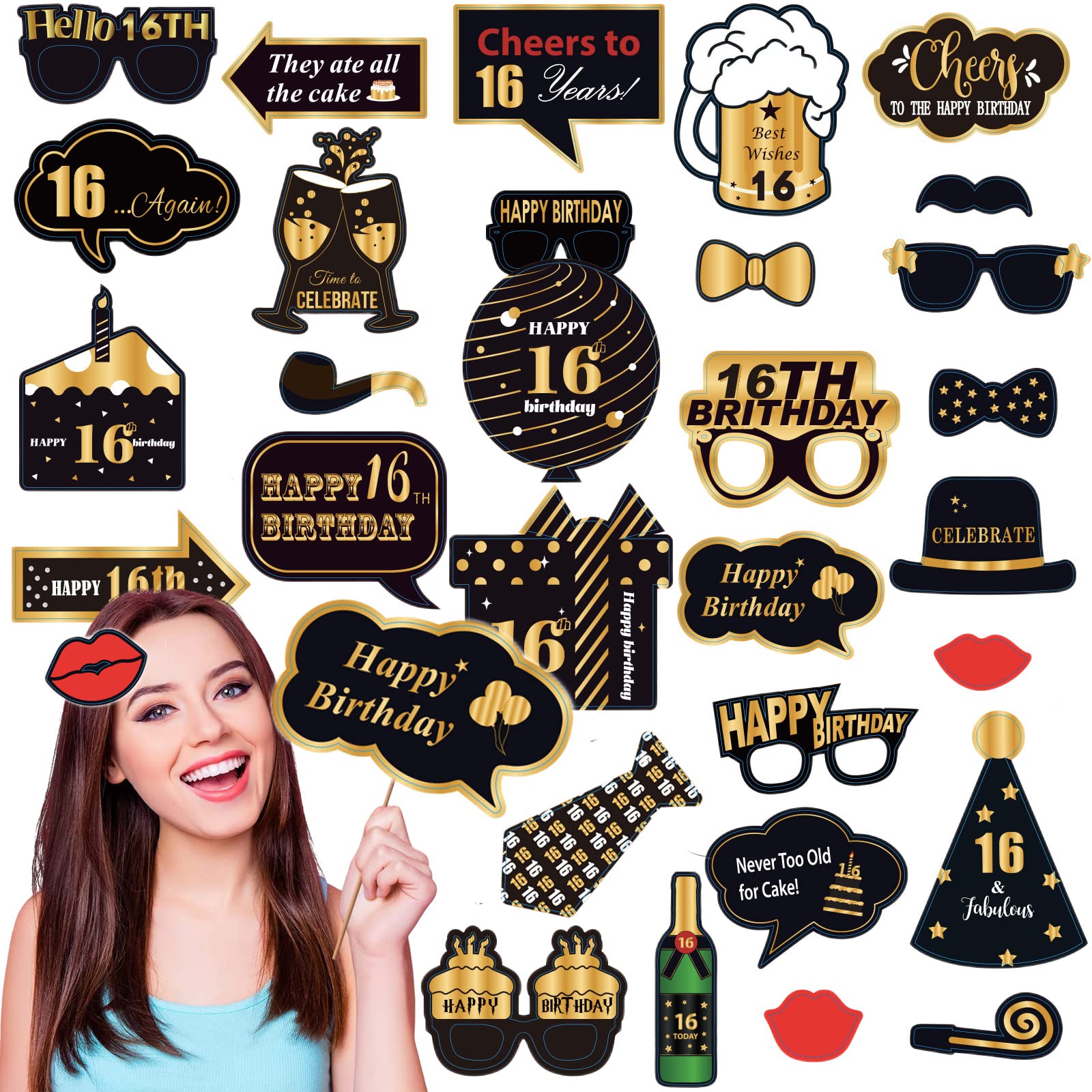 Cosoro 32P 16th Birthday Props Black Gold, Birthday Decorations for Girls Boys, Party Selfie Photo Booth Props Kit