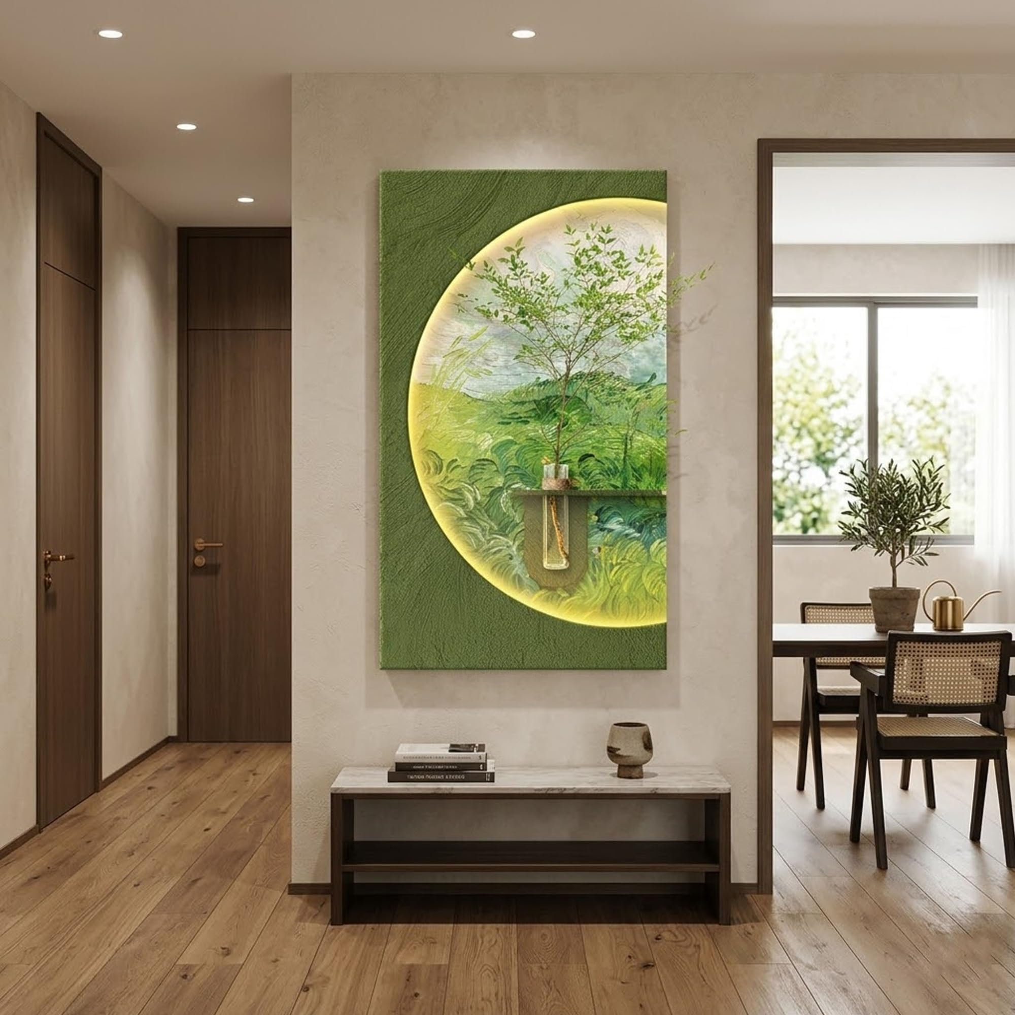 OEPCHEFACX Sandstone Wall Art Decor with Glass Vase and LED Backlight, Modern Textured Frameless Sculptures Mural for Living Room, Hallway, Entryway,Plug-in Power(E,50x87cm/19.7"x34.3")
