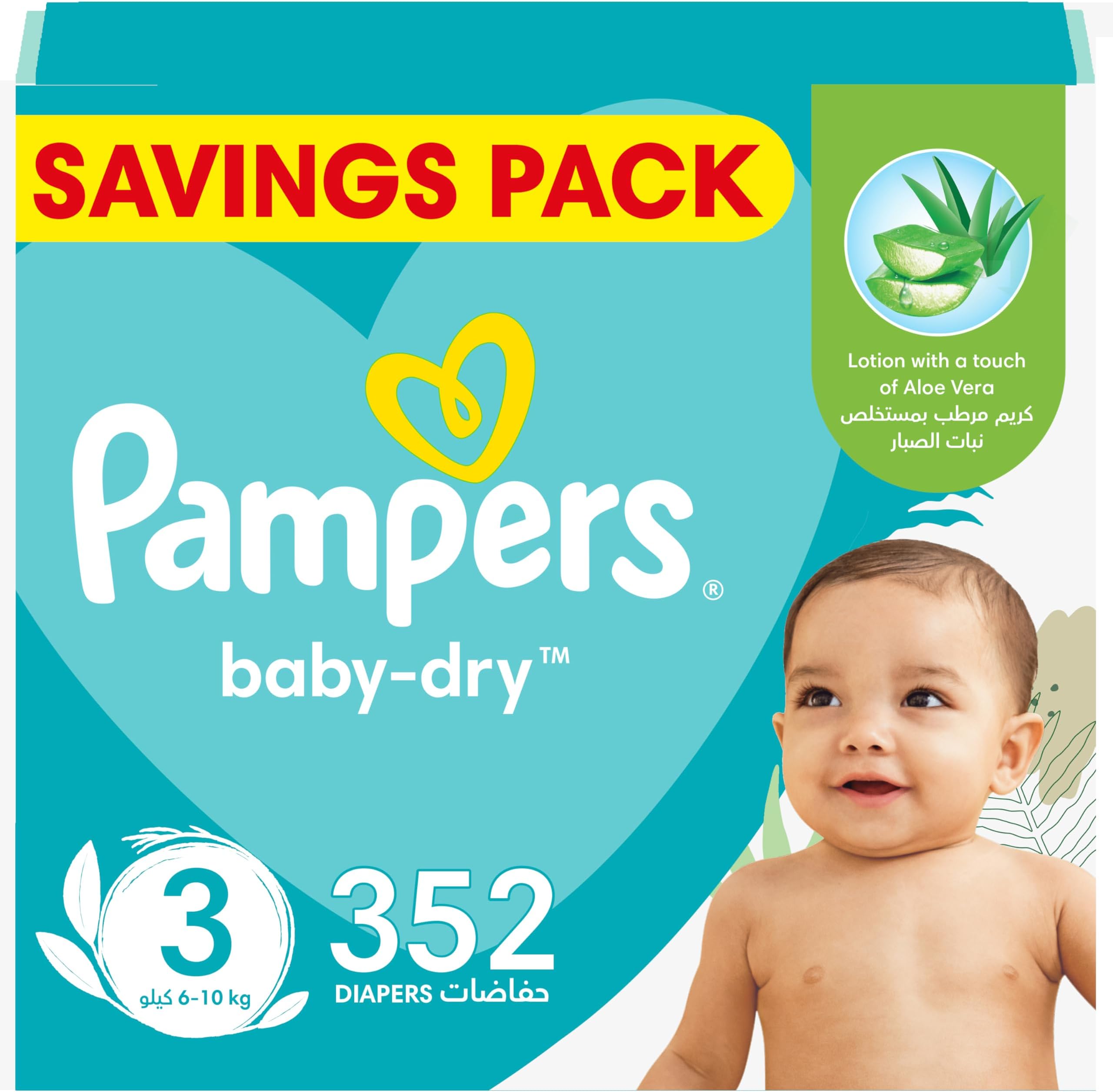 Baby-Dry Taped Diapers with Aloe Vera Lotion, up to 100% Leakage Protection, Size 3, 6-10kg, 352 Count