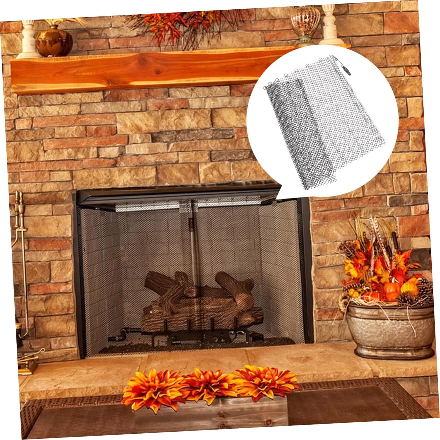 NUOBESTY 2pcs Black Metal Mesh Fireplace Screen Curtains Xin Fireproof Iron Hearth Panels with Rings for Spark Protection and Easy Installation