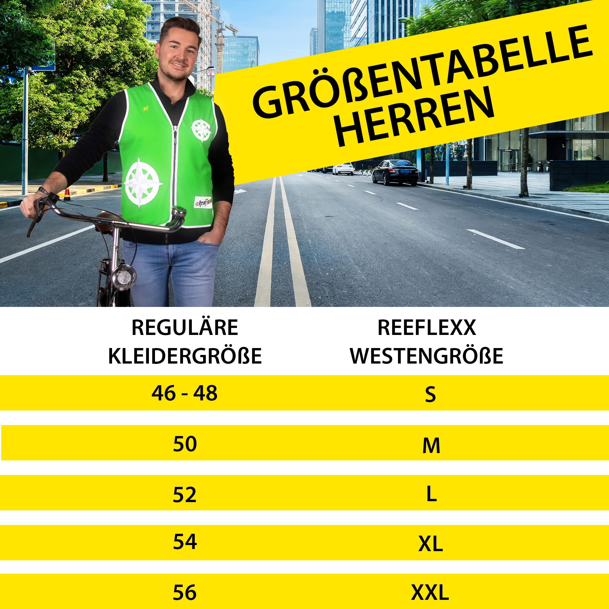 REEFLEXX Gilet réfléchissant pour homme avec adaptateur de taille Gilet réfléchissant pour plus de visibilité dans la circulation routière grâce aux réflecteurs, couleurs et motifs Boussole verte