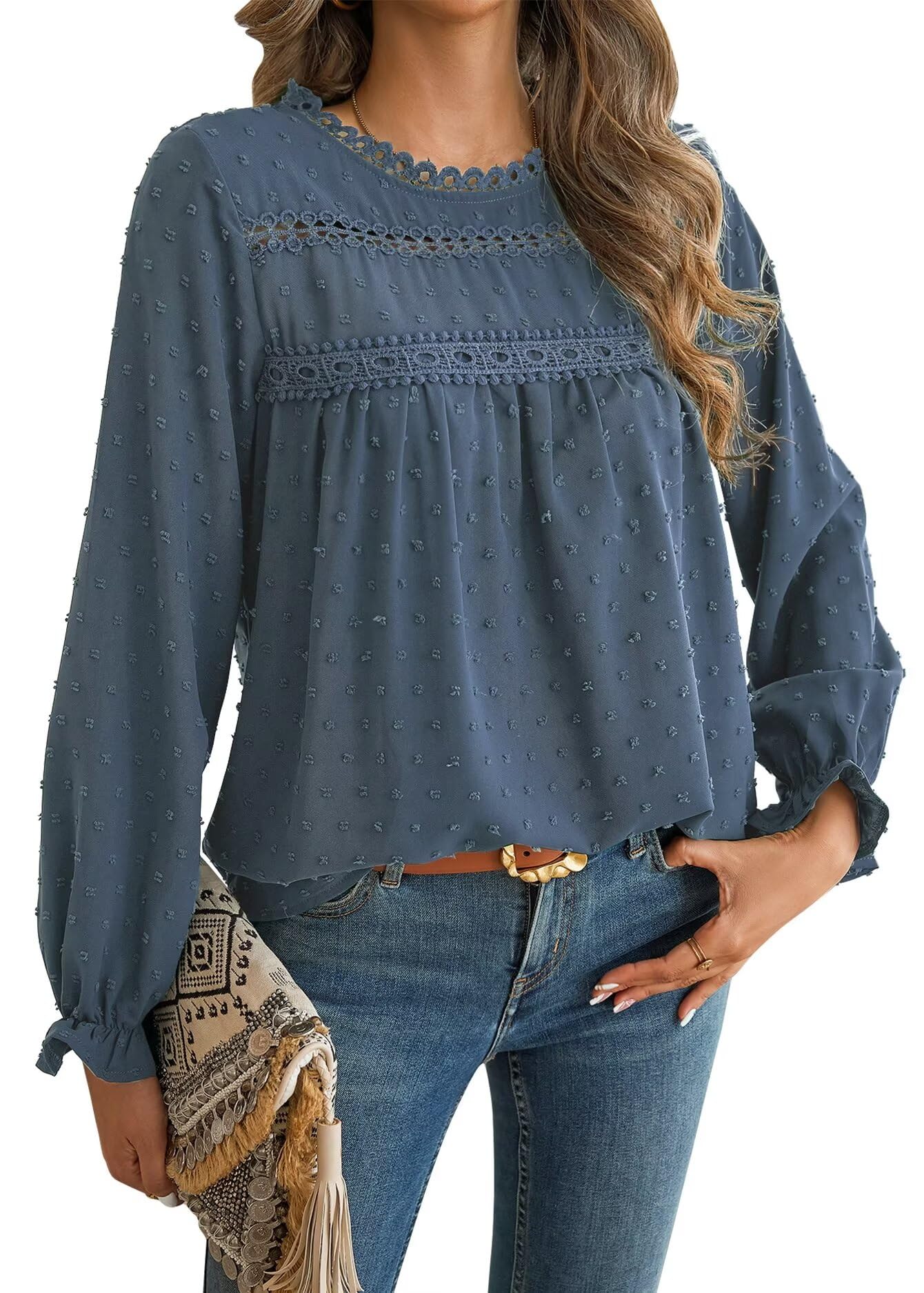 Falechay Womens Boho Tops Long Sleeve Shirts For Women Cute Crewneck Blouse Dressy Casual Swiss Dot Crochet Hollow Top 2025