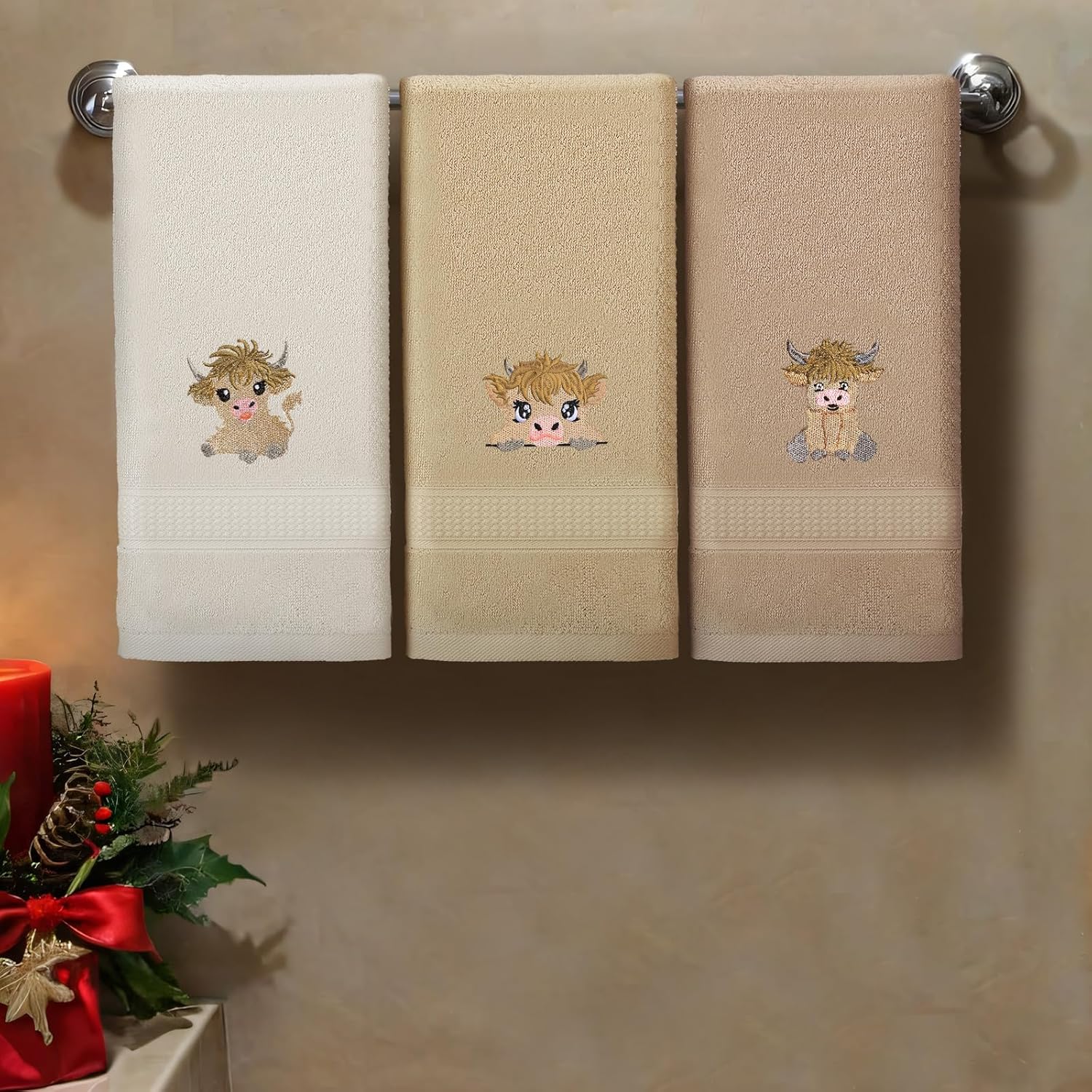 3 Pcs Mini Baby Highland Cow Hand Towels for Bathroom Kitchen Decor, Beige Embroidered Cow Soft Absorbent Decorative Towels Set Christmas Home Decor Gift, 100% Cotton, 13.3 x 29.5'' - Image 4