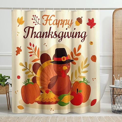 Miniatura 2 de Witzest Cortina de ducha con diseño de pavo y hojas de otoño de Acción de Gracias, calabaza, lindo animal, impermeable, accesorios de bañera, tela
