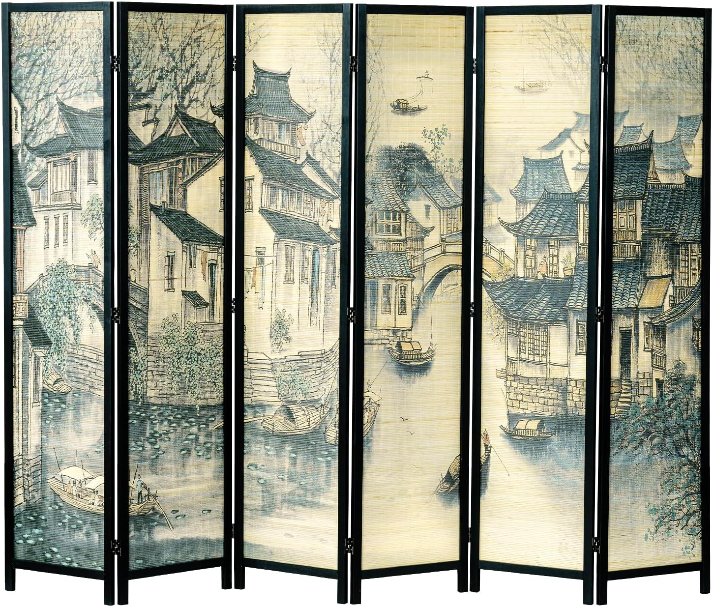 MyGift 6 Panel Room Divider Privacy Partition with Dual-Sided Vintage Asian Water Village Ink Brushed Print Design, 6FT Black Wood Framed Decorative Artwork Folding Screen 94.6''W x 68.9''H