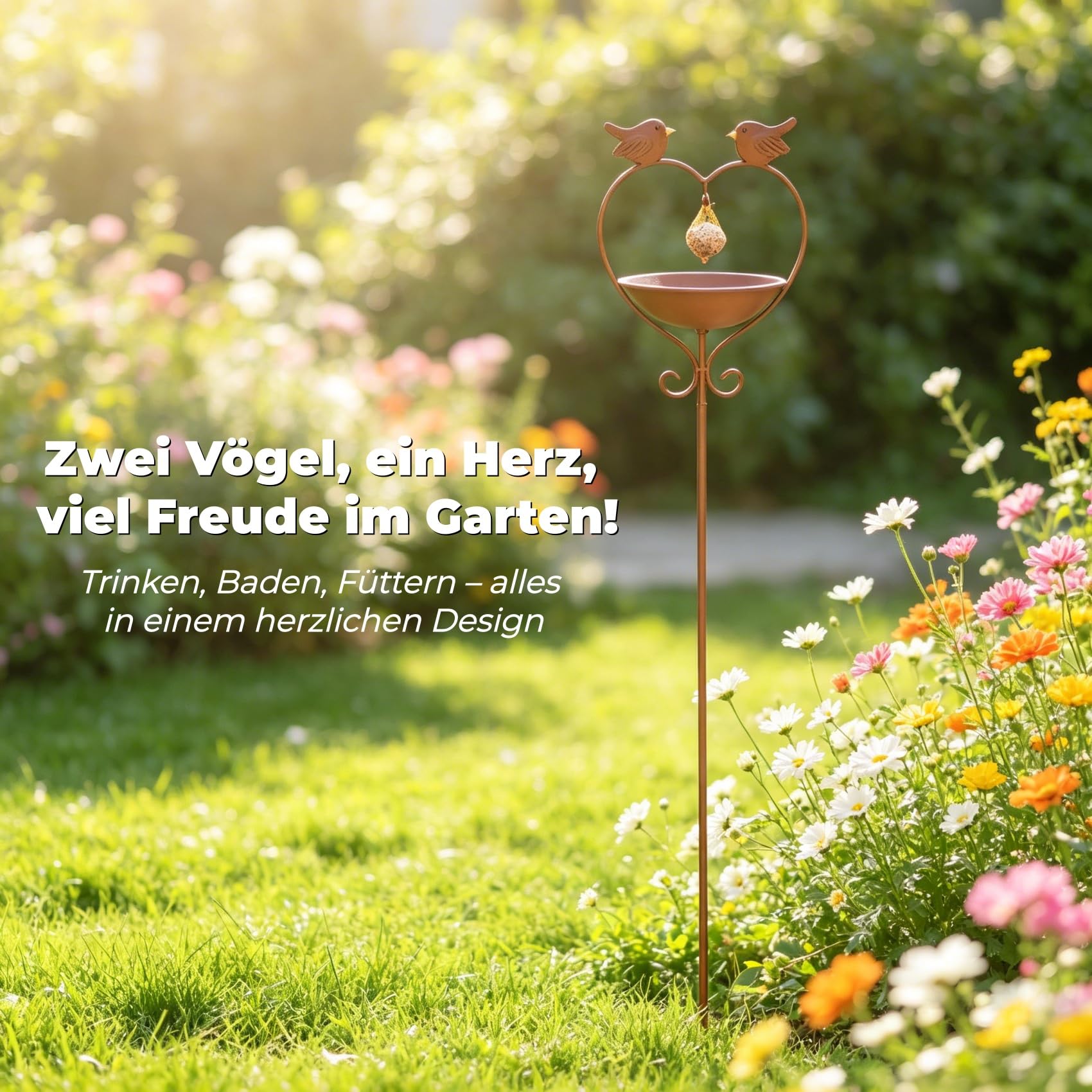 Vogeltränke Stehend Winterfest Metall, Vogelbad für Wildvögel | H 115 cm Ø15cm Vogel Futterstation mit Meisenknödelhalter Rostoptik Regenfänger Gartendeko