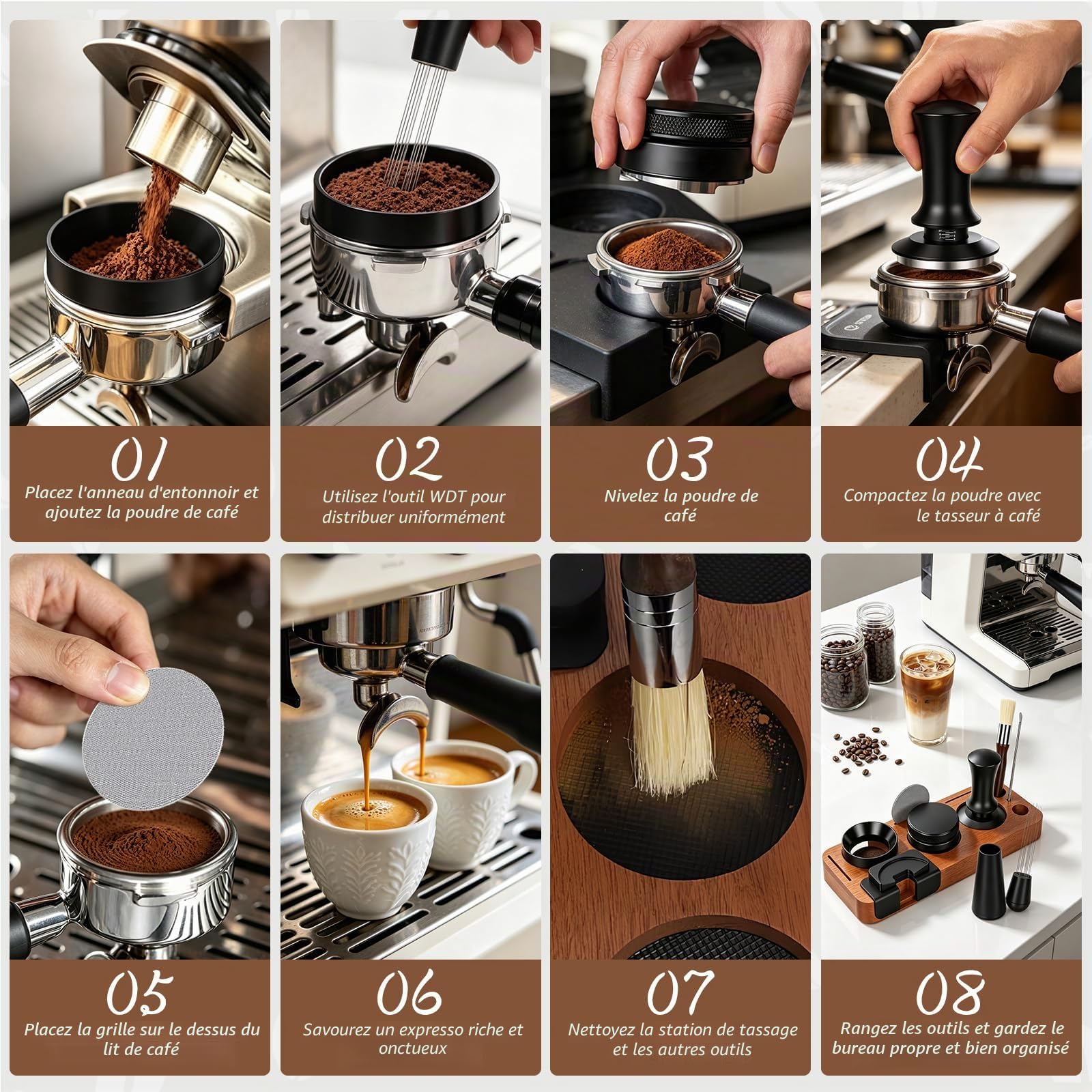 Set d’Accessoires Espresso 8 Pièces, Compatible avec Espresso Machines | Pilon 51 mm avec Station de Pilonnage, Niveleur, Outil WDT, Anneau de Dosage, Brosse de Nettoyage, Filtre à Café, Agitateur