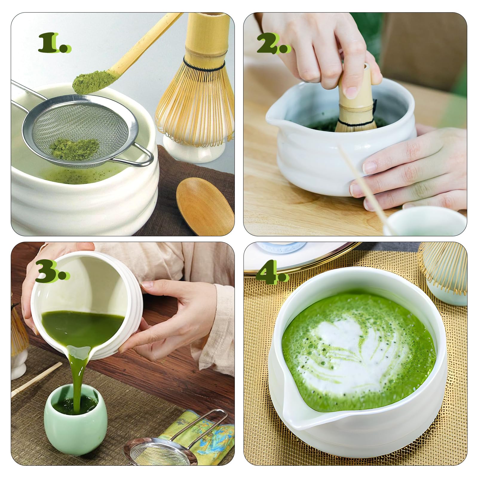 Japanisches Matcha-Set für Zeremonien, 7-teilig, Schüssel, Schneebesen, Löffel, Sieb, Schneebesen und Löffel, komplettes Matcha-Set, ideal für Zuhause und als Geschenk (weiß)