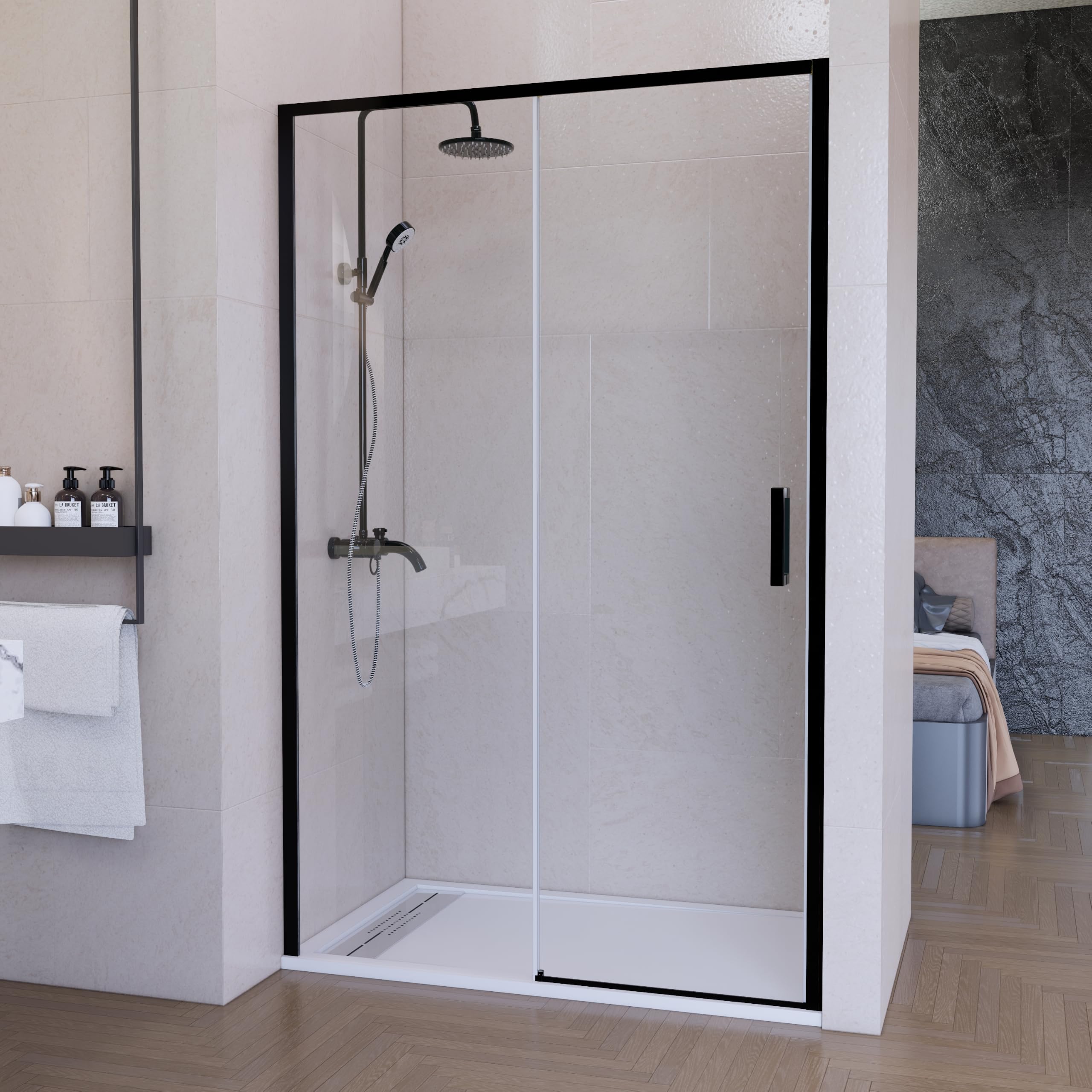 Mampara de ducha frontal corredera 130 cm 1 puerta + 1 fijo Negro mate Cristal transparente 6 mm 195 cm altura