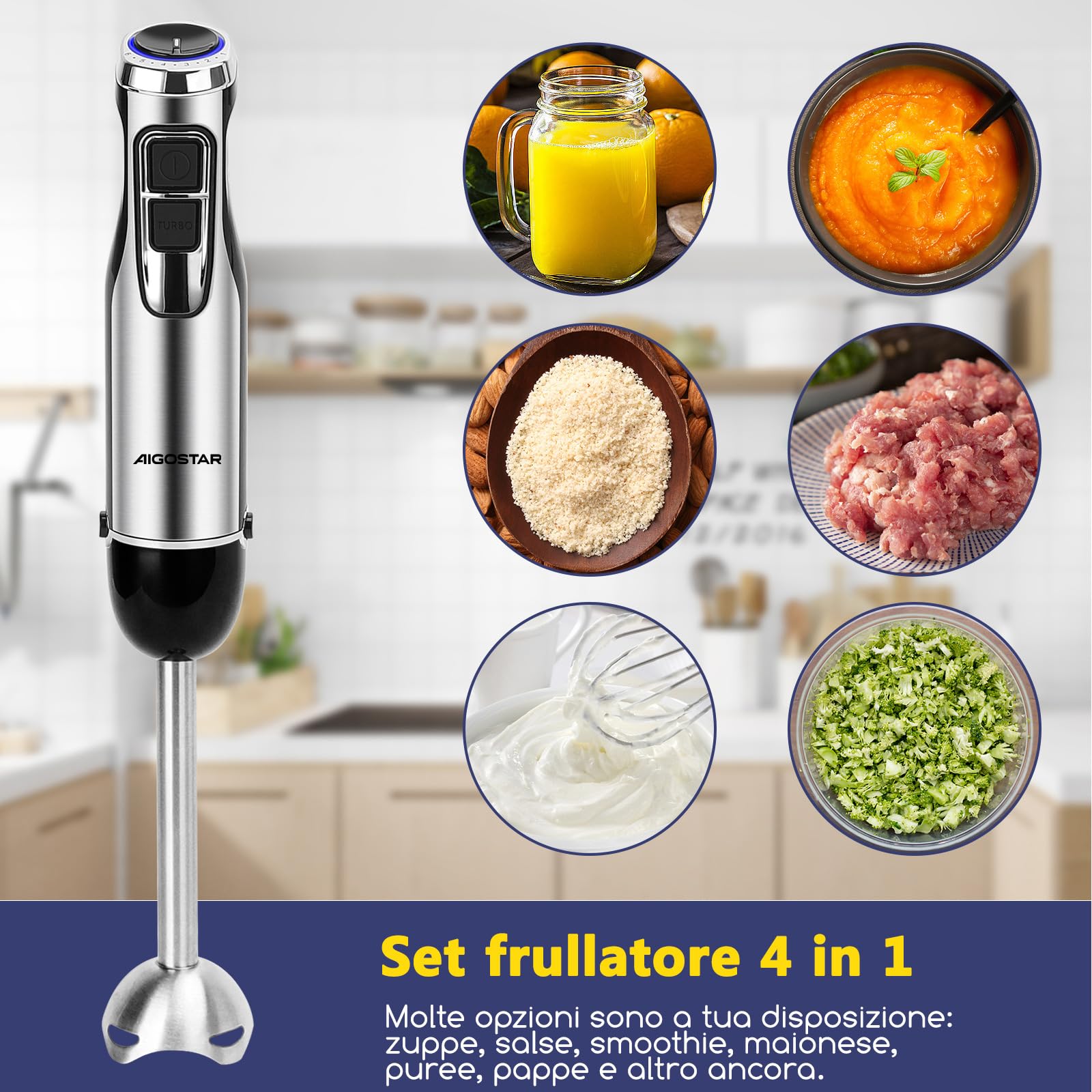 Aigostar Buckle - Frullatore a immersione 4 in 1 da 1000 W. Mixer subacqueo con 6 velocità + Turbo. Mixer multifunzione con tritacarne da 500 ml, misurino da 600 ml e frusta, senza BPA