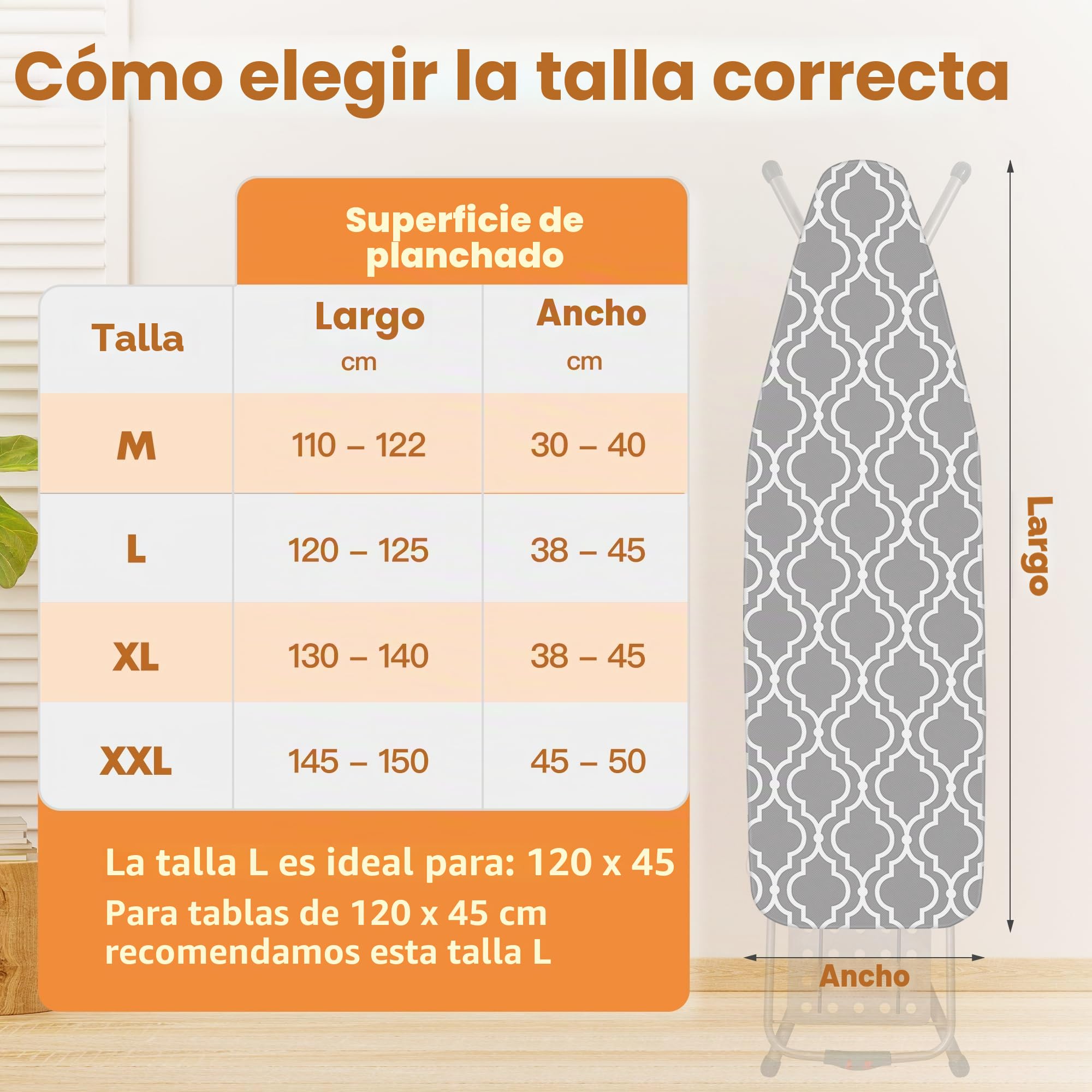 Funda Tabla de Planchar 120x45, Algodón Funda Plancha Universal Ajustable para Plancha de Vapor, Funda Mesa Plancha para 120-125cm x 38-45cm Tabla de Planchar, Planchado Rápido, L