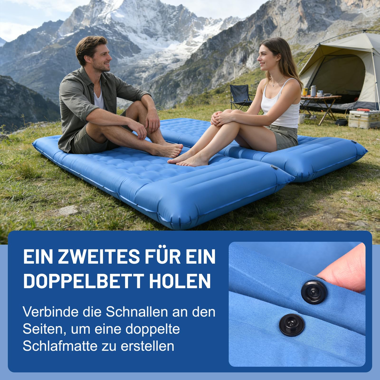 NAPASA Isomatte Camping, 16CM Verdicktes Aufblasbare Matratze mit Eingebauter Fußpresse Pumpe & Kissen, Wasserdicht, Anti-Ripstop Schlafmatte für Wandern, Strand, Reisen, Zelt(Blau)
