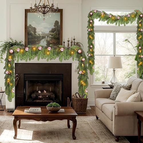 Miniatura 5 de Ceenna 2 guirnaldas de cedro de Navidad preiluminadas de 12.4 pies con 20 luces LED, guirnalda de pino artificial verde para Navidad con bola, 8