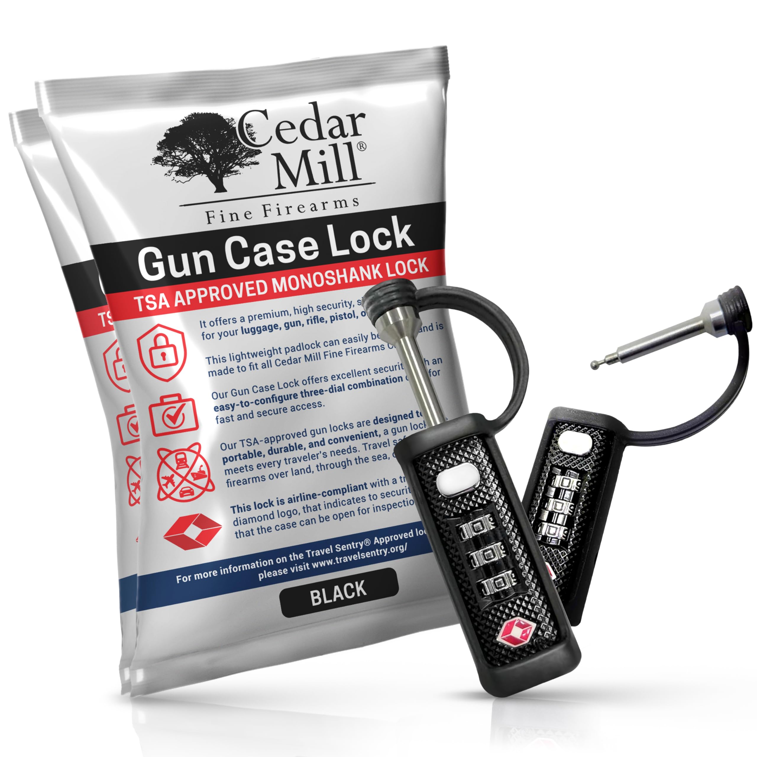 Cedar Mill Fine FirearmsTSA Approved Tactical Gun Case Lock - Protective Rubber Sleeve & Cut-Resistant MonoShaft - Secure Single Shaft Padlock for Guns Luggage Rifles Pistols & Revolver Cases - Child Safe