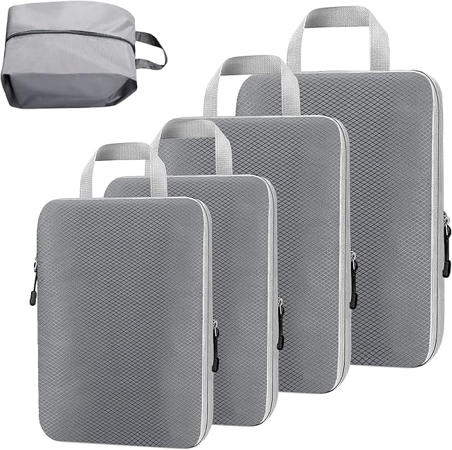 Gzvxuny Compression Packing Cubes for Suitcase, Extensible Suitcase Organiser Bags, 5PCS Waterproof Travel Cubes Organiser Packing Bags Luggage Organiser Bags, Packing Cubes for Travel (Grey)