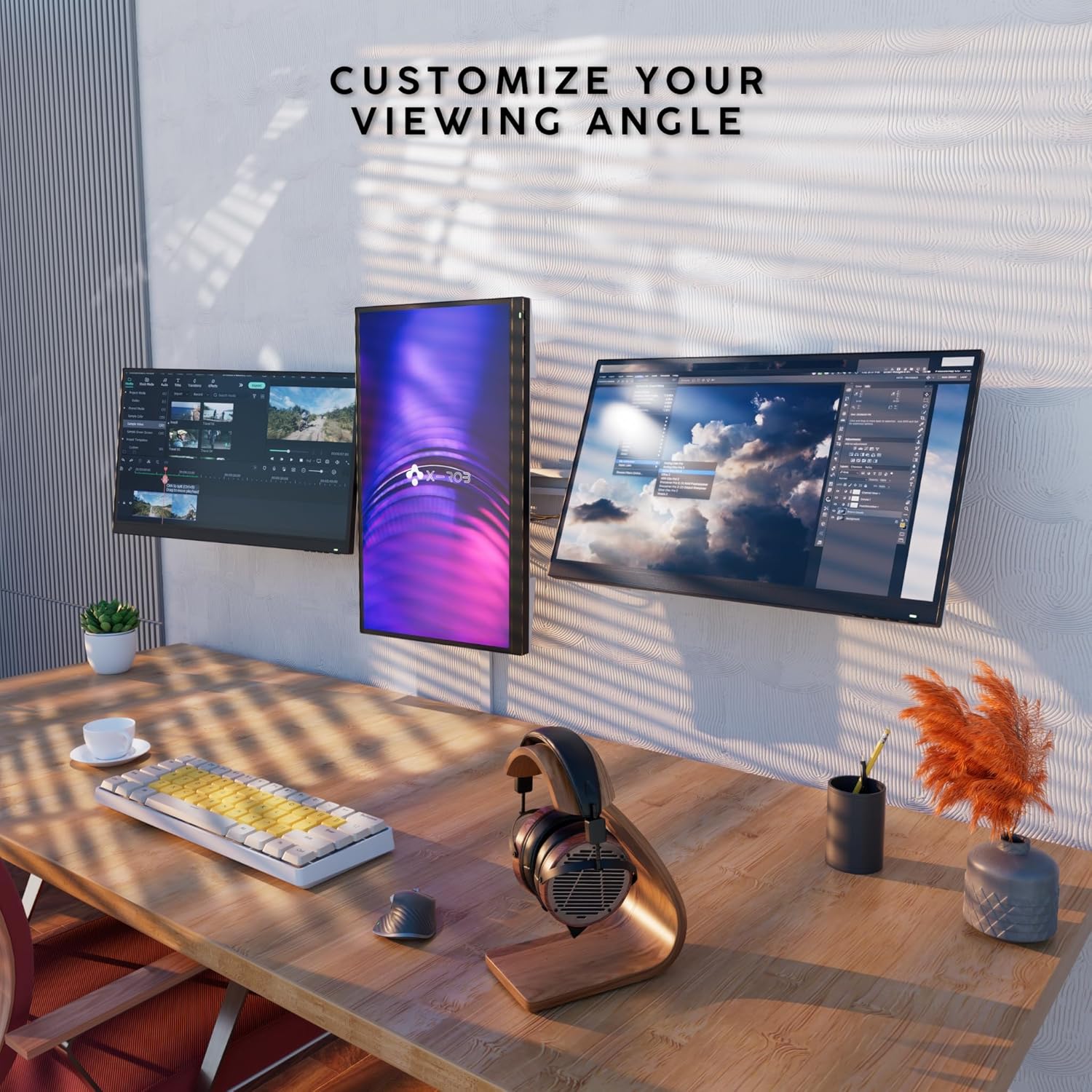 X-ROB Triple Monitor Wall Mount – Premium Aluminum 3 Arm Bracket for 15–32 Inch Screens, Dual Wall Anchors for Maximum Stability, Full Motion with 360° Rotation, VESA 75x75/100x100, Cable Management