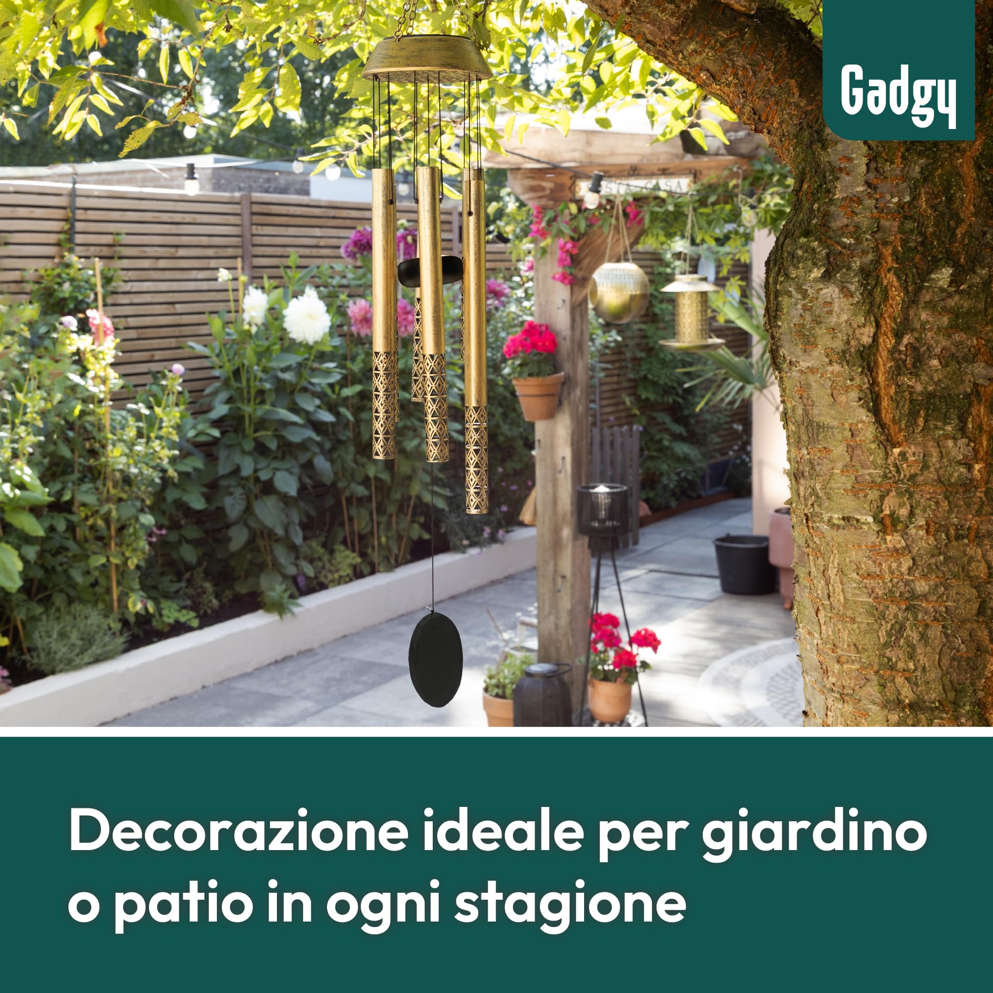 Gadgy Scacciapensieri Solare con LED – Campanella a Vento da Esterno in Alluminio & Legno – Decorazione da Giardino, Balcone & Terrazza Resistente alle Intemperie
