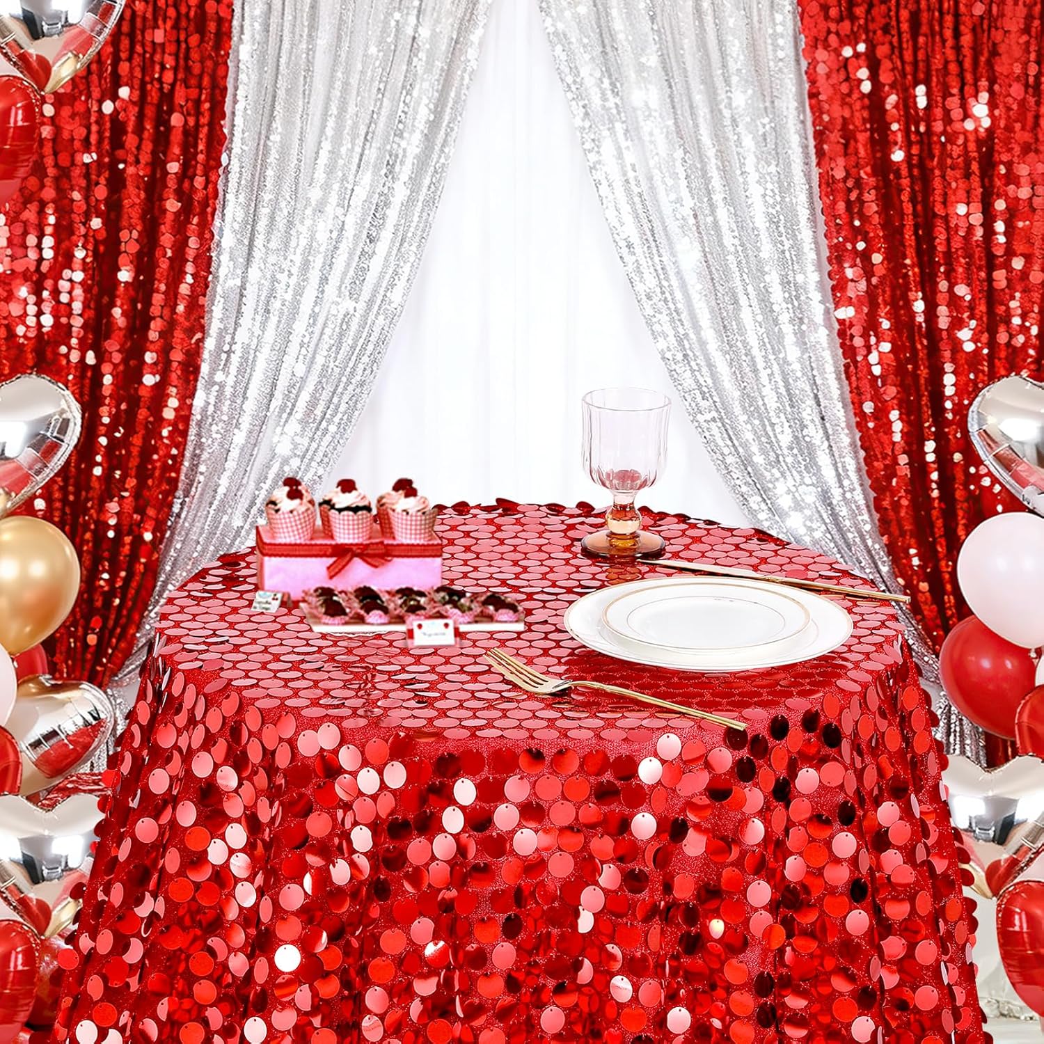 B-COOL Sequin Tablecloth Fabric Parties Decor: Red Table Cloth for Christmas Birthday Party Rectangle Graduation Confetti Indoor Outdoor Dessert Overlays Valentines Decorations