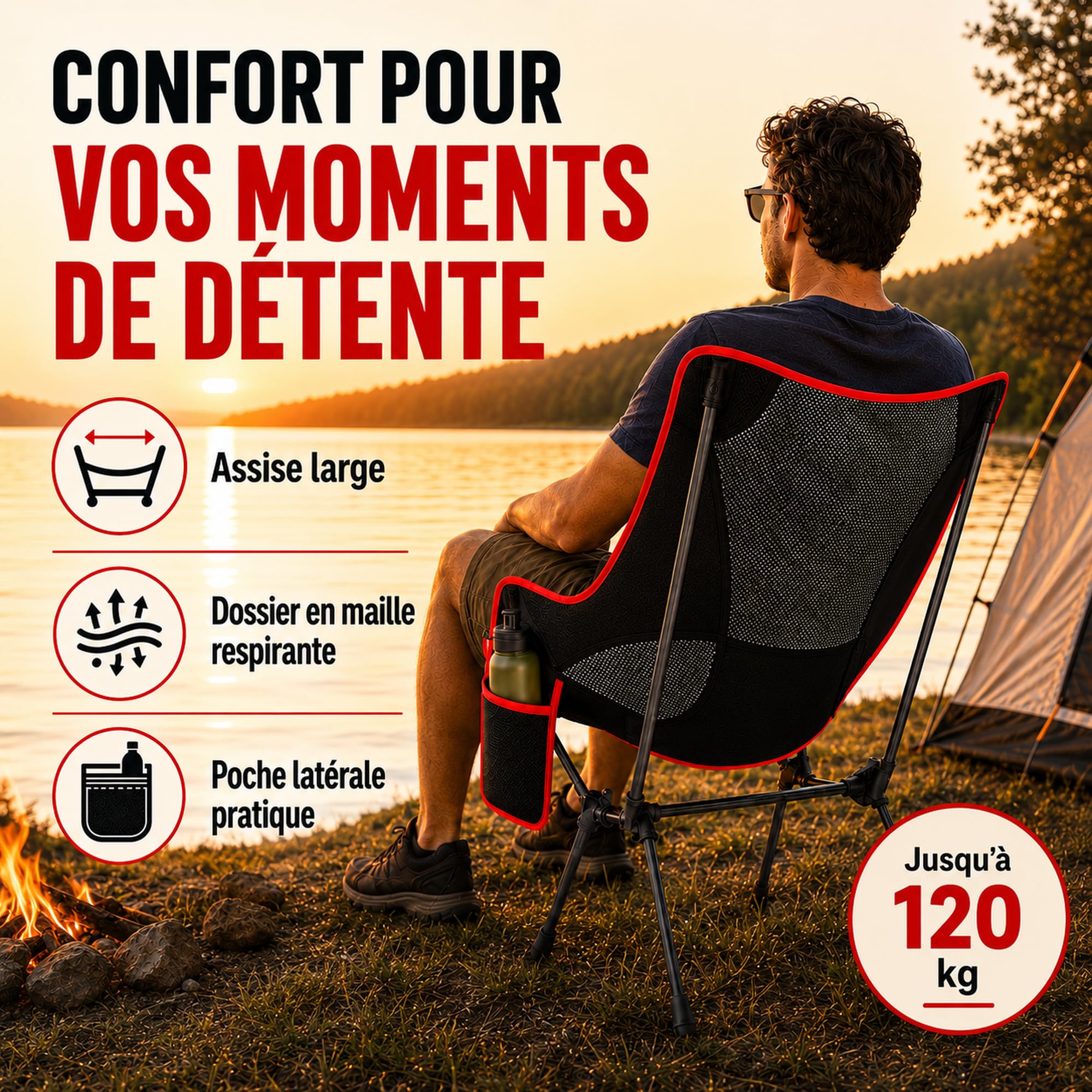 Chaise Pliante Camping, Chaise de Camping Pliable Jusqu’à 120 kg, Fauteuil Pliant Camping Léger avec Poche Latérale et Sac Inclus, pour Plage, Pêche, Jardin et Extérieur