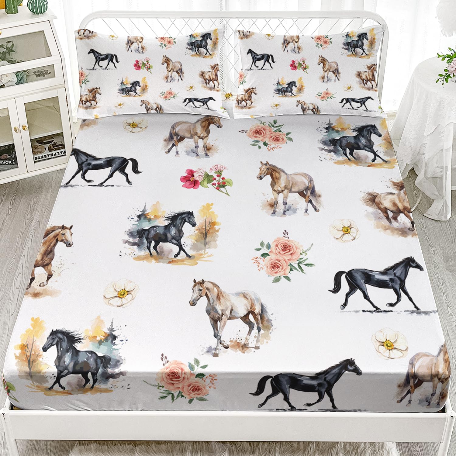 AILONEN 3D Horse Fitted Sheet Set, Galloping Horse with
