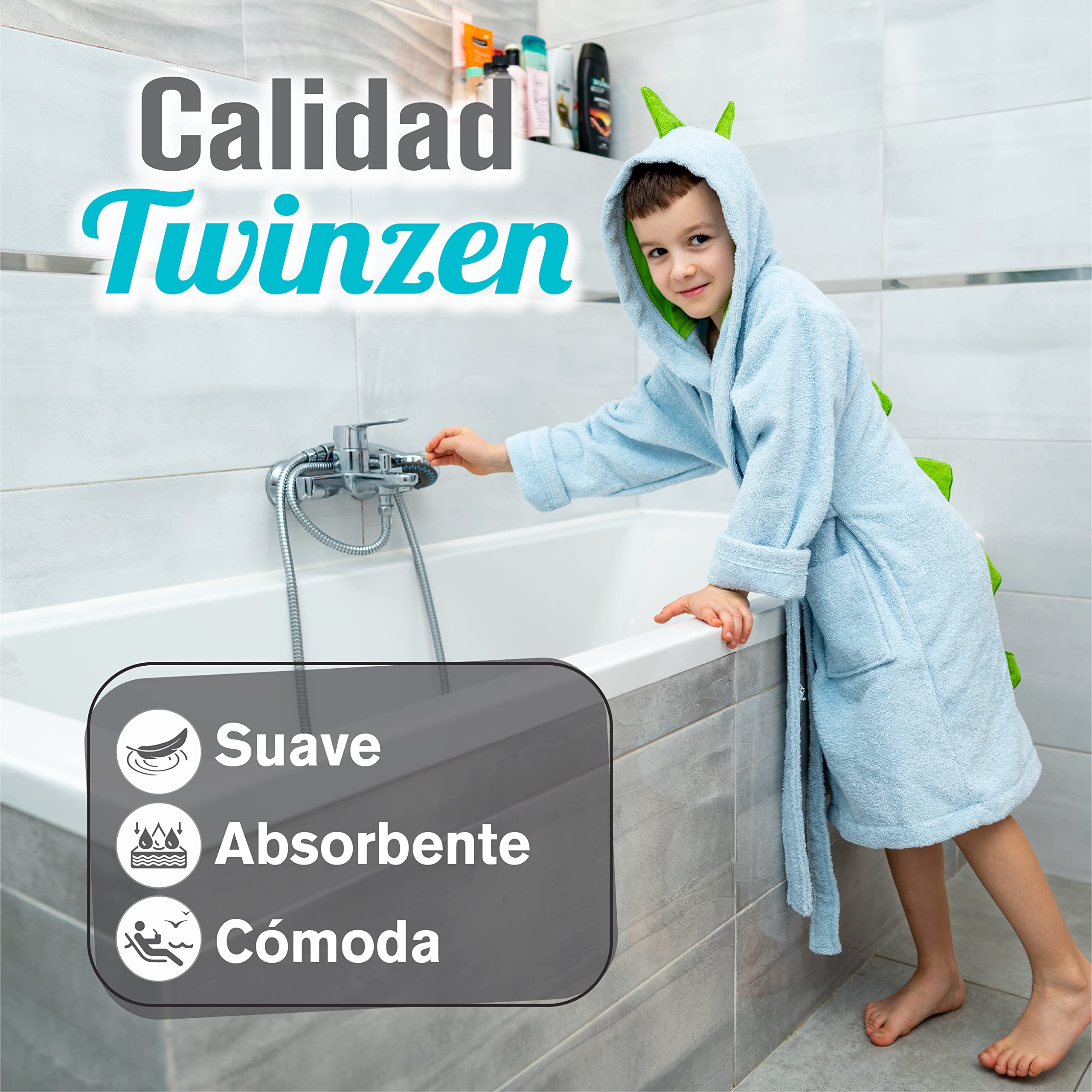 Twinzen Albornoz de Baño Dinosaurio Niño Niña 100% Algodón Oeko-Tex Talla 1-12 Años