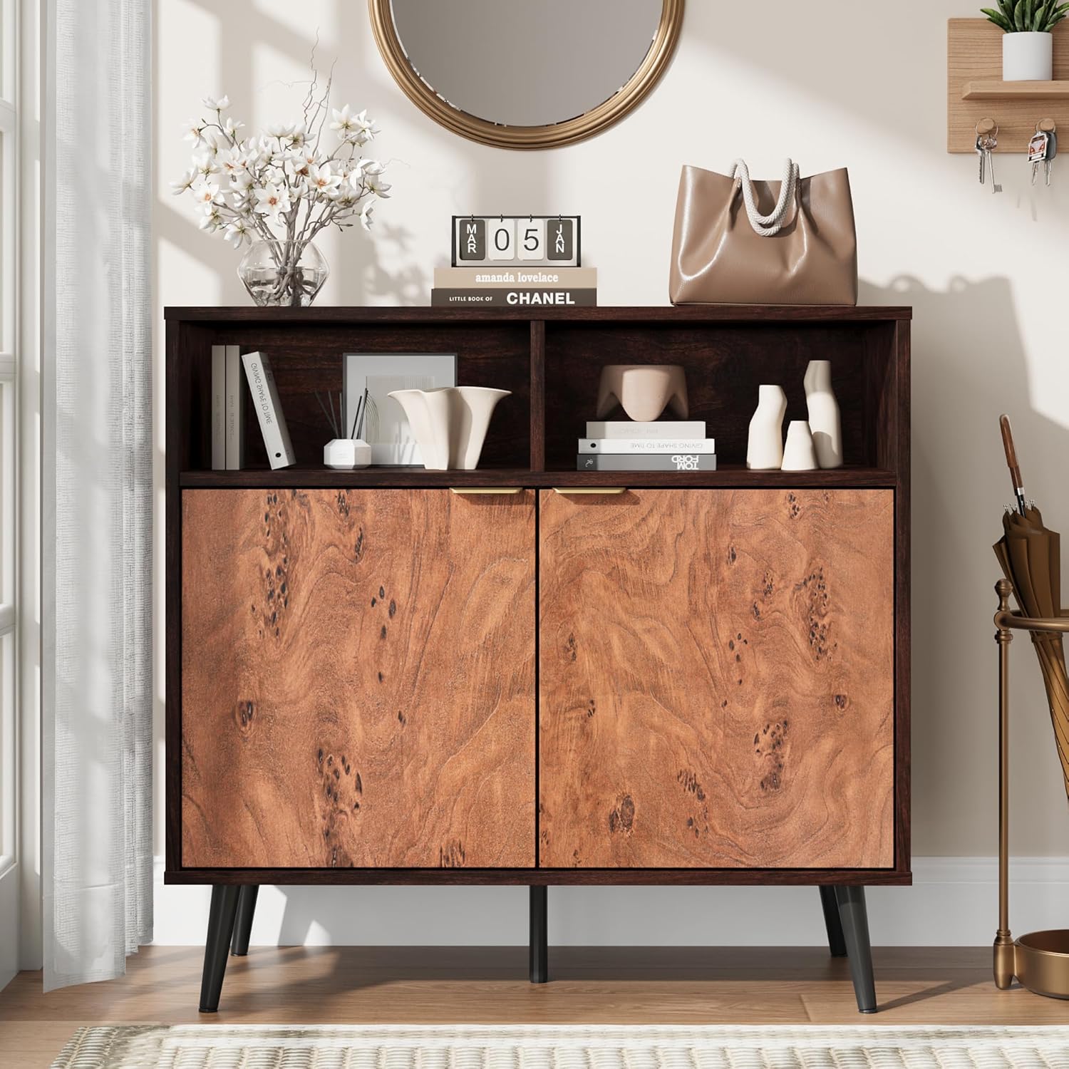 GarveeHome Buffet Cabinet with Drawers, 31.5 in Large Sideboard Buffet Credenza Storage Cabinet with Shelves and Doors, Coffee Station Cabinet with Metal Handle, Robot Vacuum Friendly (Walnut) 31.5"