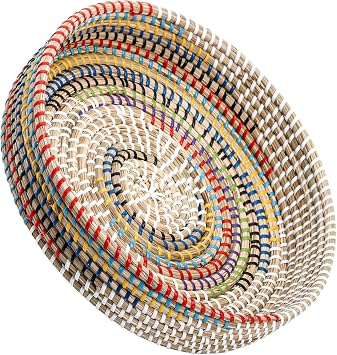 SOUJOY 30cm Woven Seagrass Serving Tray, Rattan Serving Tray, Handmade Round Ottoman Fruit Serving, Colorful Coffee Table Decorative Holder for Bread, Tea, Breakfast, Coffee, Drinks, Snack, Wall Decor