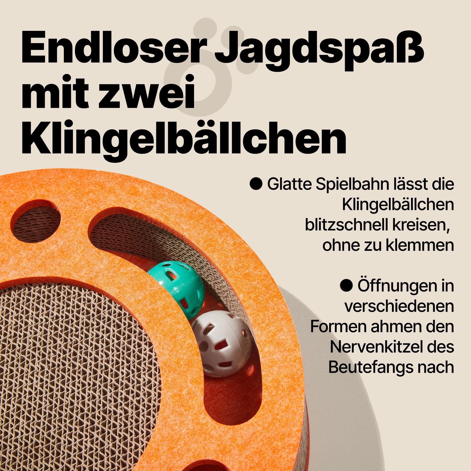 Kratzbrett mit Ballbahn und Glockenbällen – Interaktives Katzenspielzeug, Kratzpappe für Katzen mit Katzenminze, Kratzmatte aus Wellpappe, Katzenzubehör (Orange)