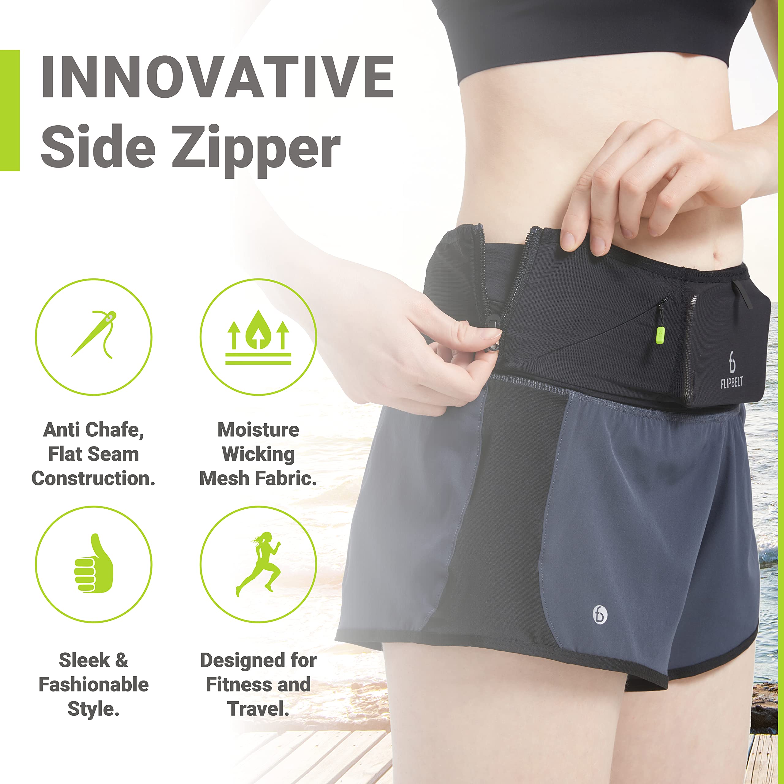 FlipBelt Leichter Laufgürtel, Fitness und Laufen, Bauchtasche für Damen und Herren, scheuert nicht, Taillenband für Telefon, Schlüssel, Geld, feuchtigkeitsableitender Aufbewahrungsgürtel, USA Company
